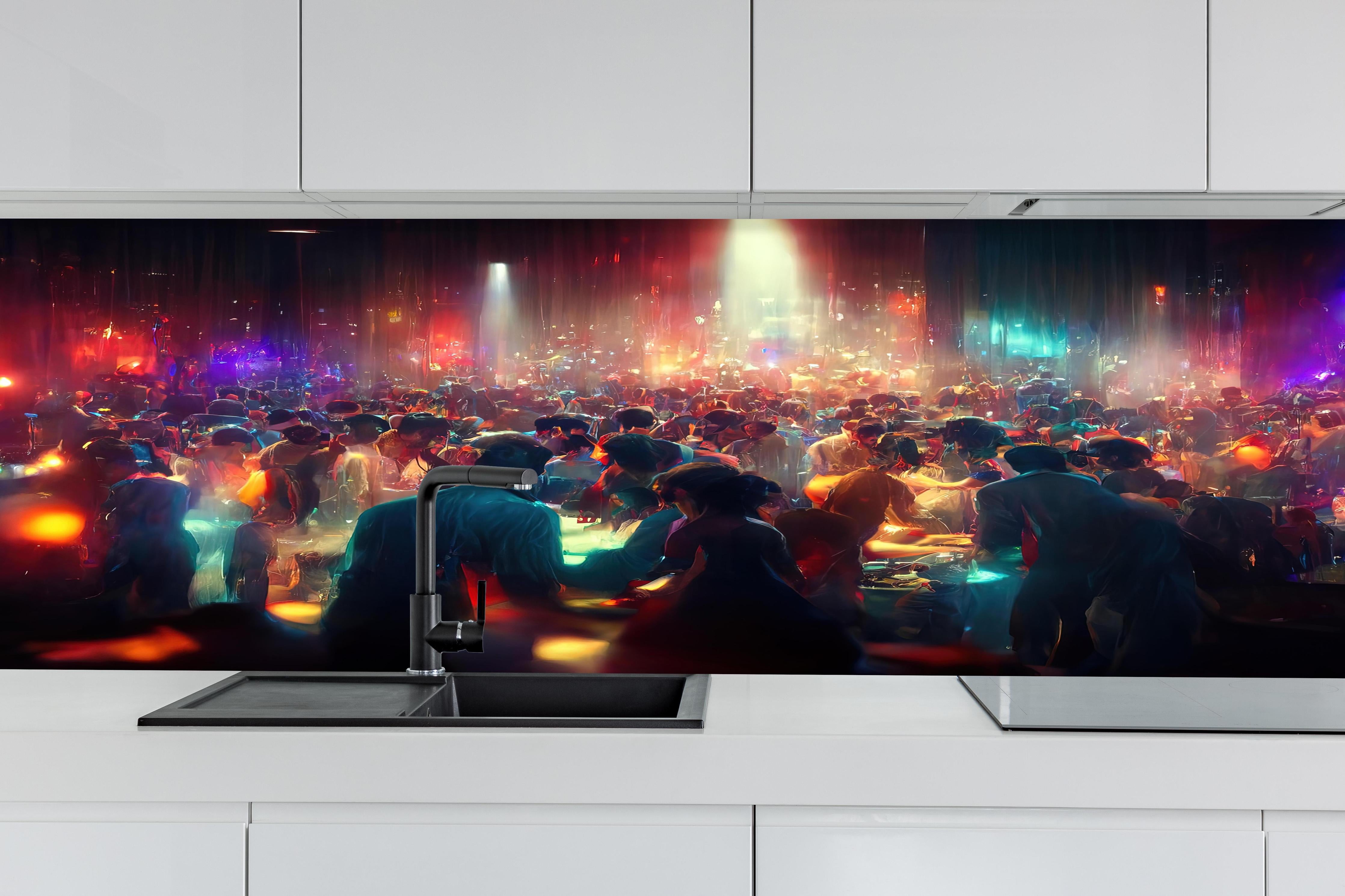 Küche - Party 3D-Illustration hinter weißen Hochglanz-Küchenregalen und schwarzem Wasserhahn