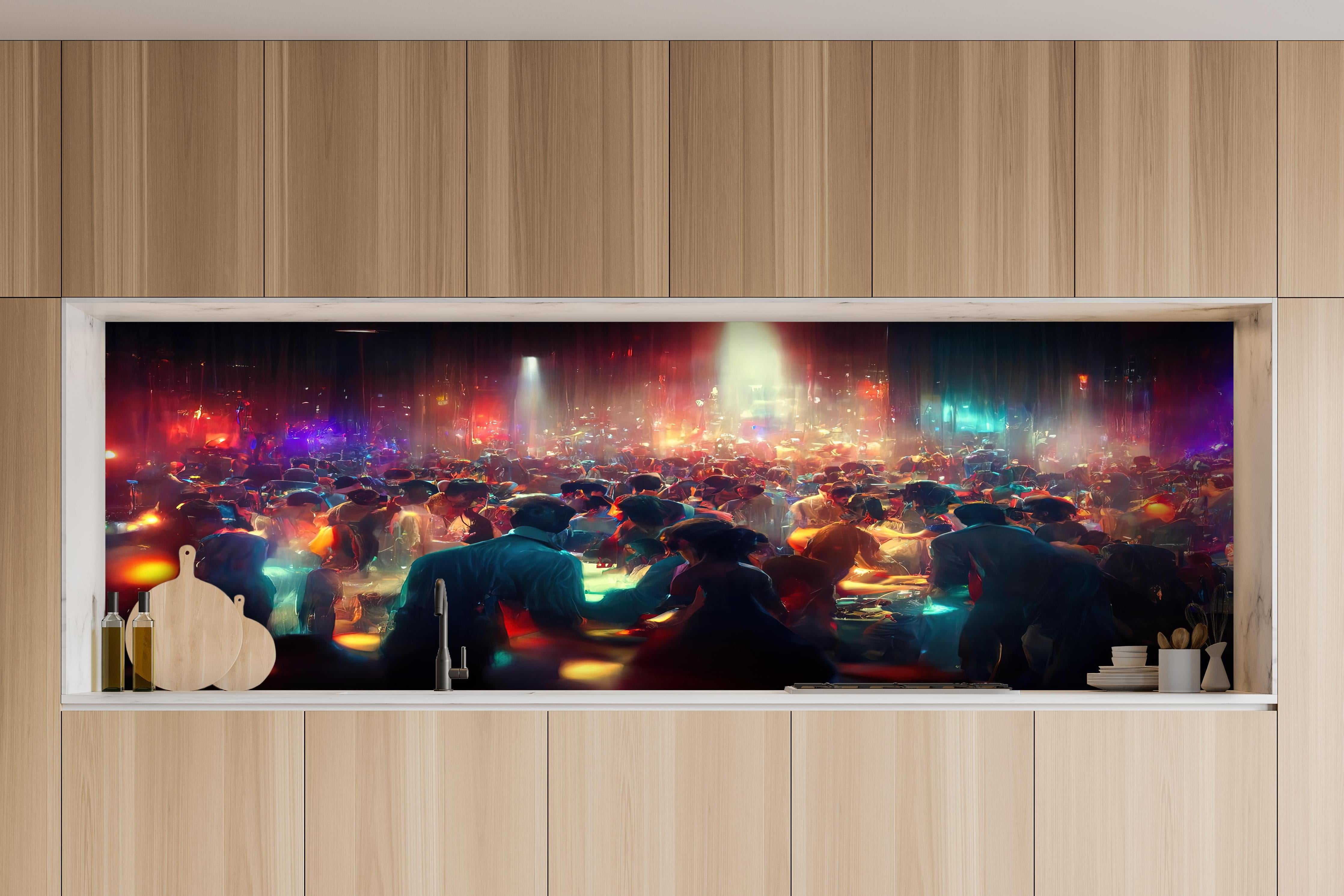 Küche - Party 3D-Illustration hinter weißen Hochglanz-Küchenregalen und schwarzem Wasserhahn