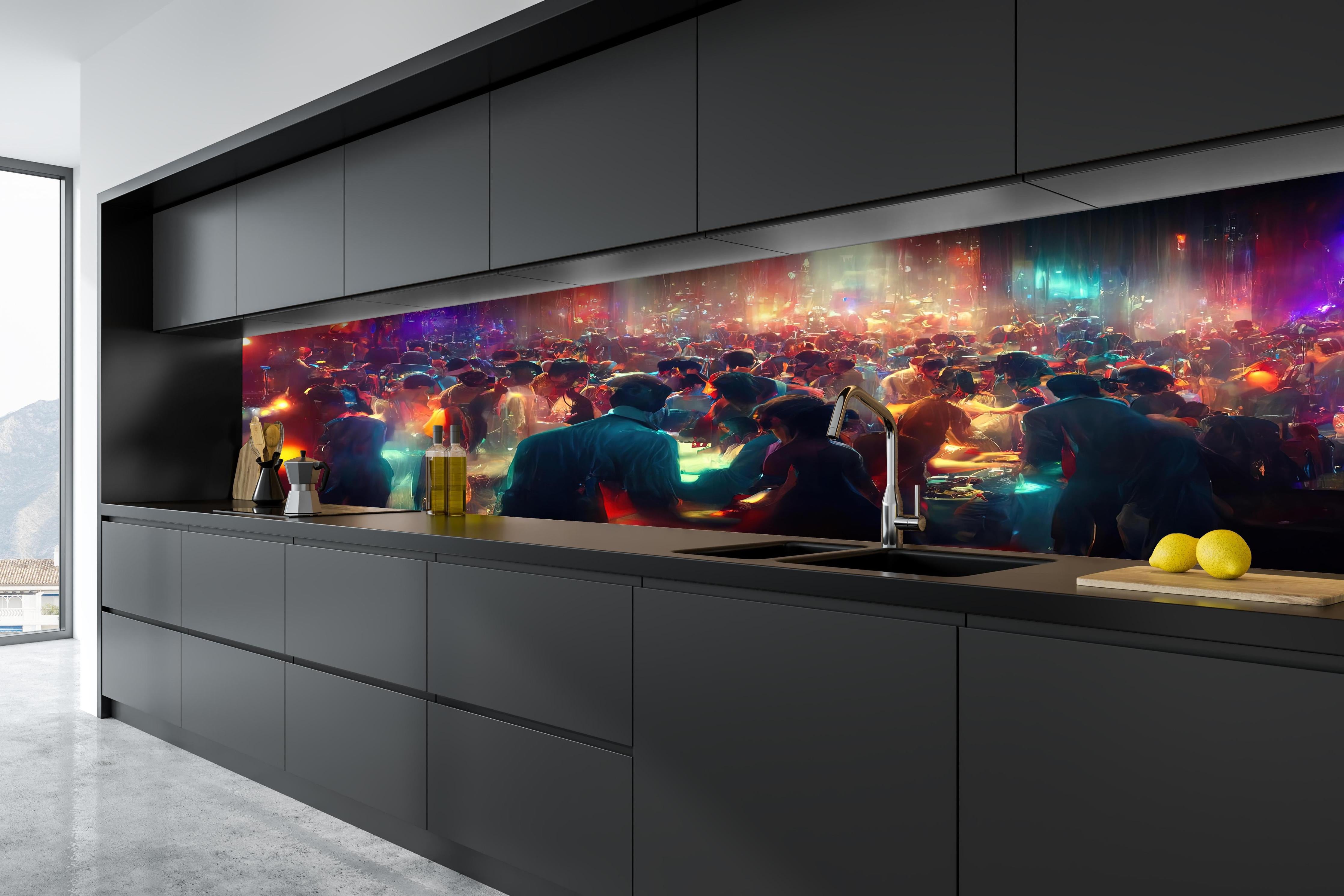 Küche - Party 3D-Illustration hinter weißen Hochglanz-Küchenregalen und schwarzem Wasserhahn