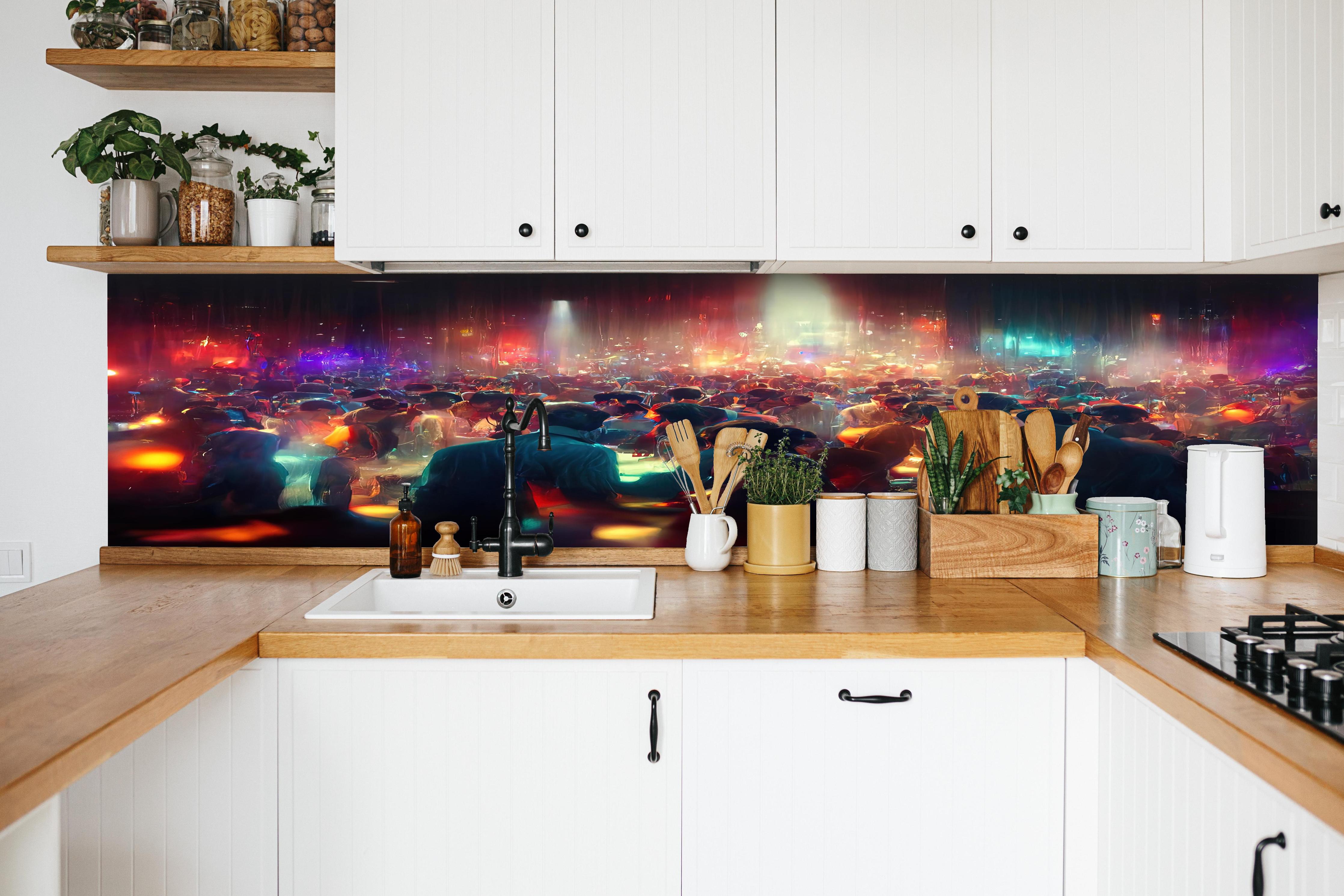 Küche - Party 3D-Illustration hinter weißen Hochglanz-Küchenregalen und schwarzem Wasserhahn