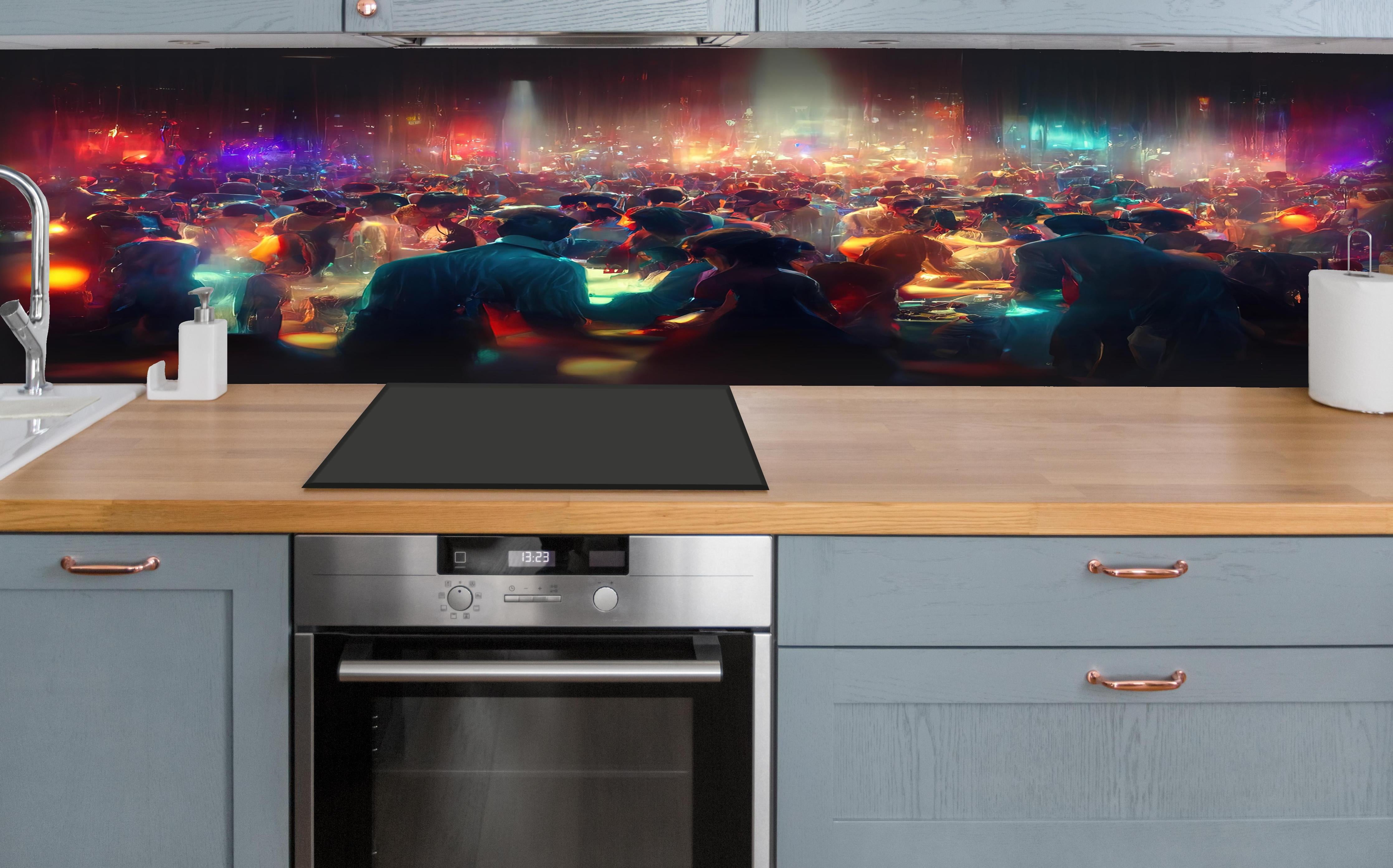 Küche - Party 3D-Illustration hinter weißen Hochglanz-Küchenregalen und schwarzem Wasserhahn