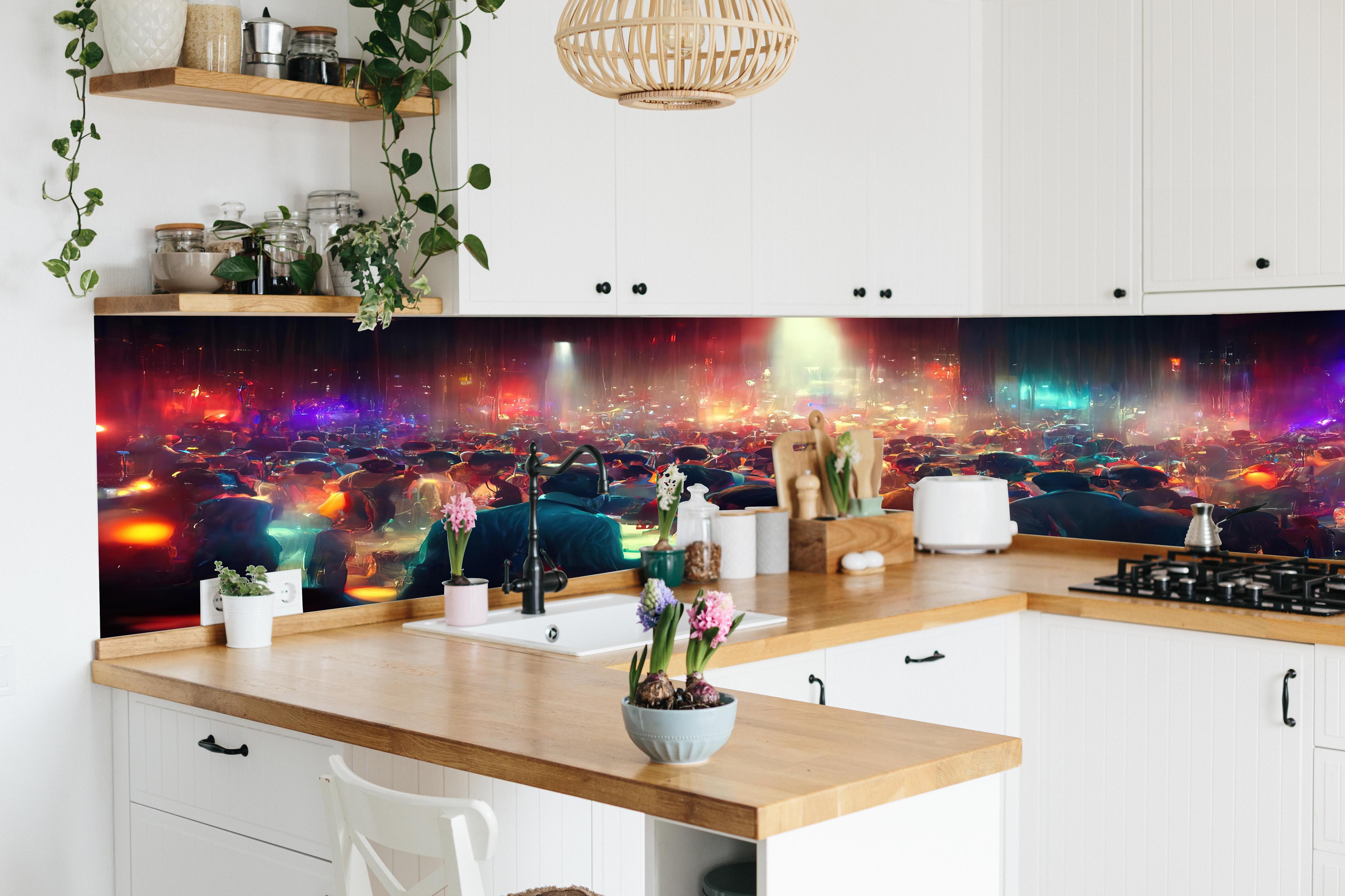 Küche - Party 3D-Illustration hinter weißen Hochglanz-Küchenregalen und schwarzem Wasserhahn