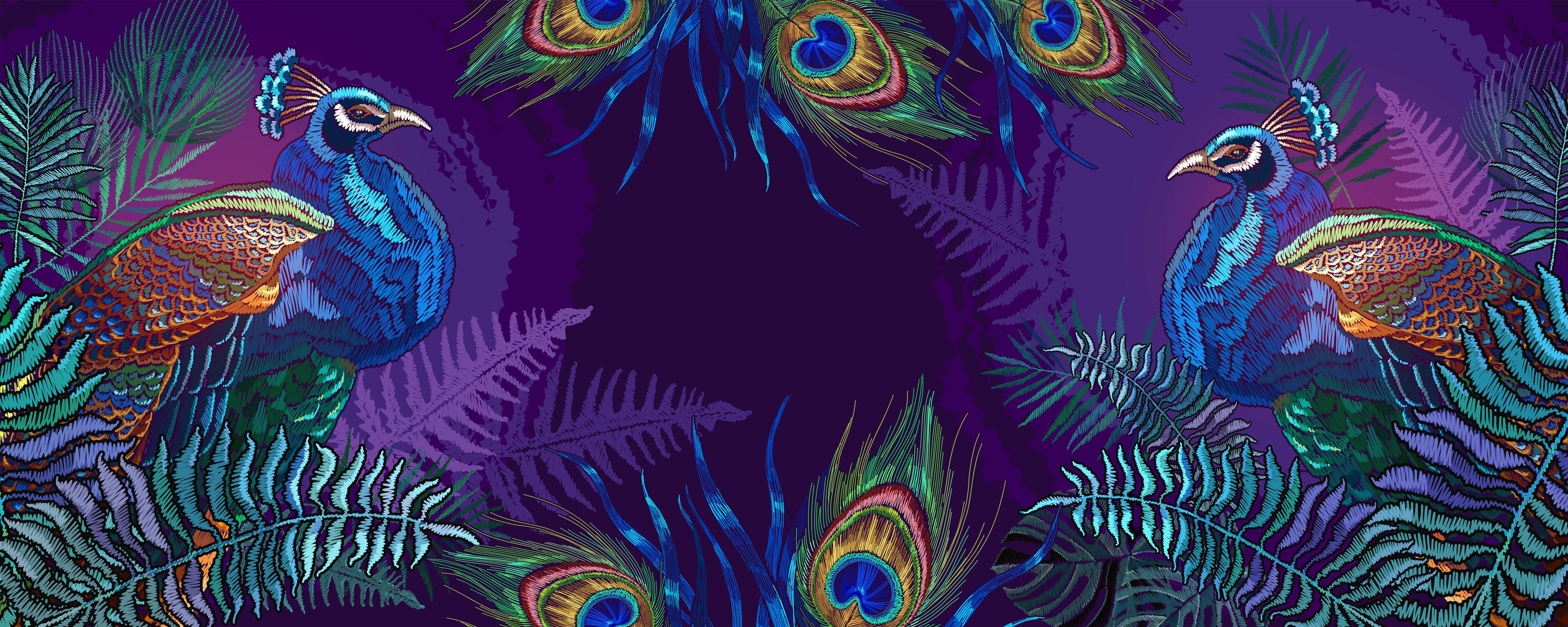 Küchenrückwand-Pfau Stickerei Kunst mit Palmen