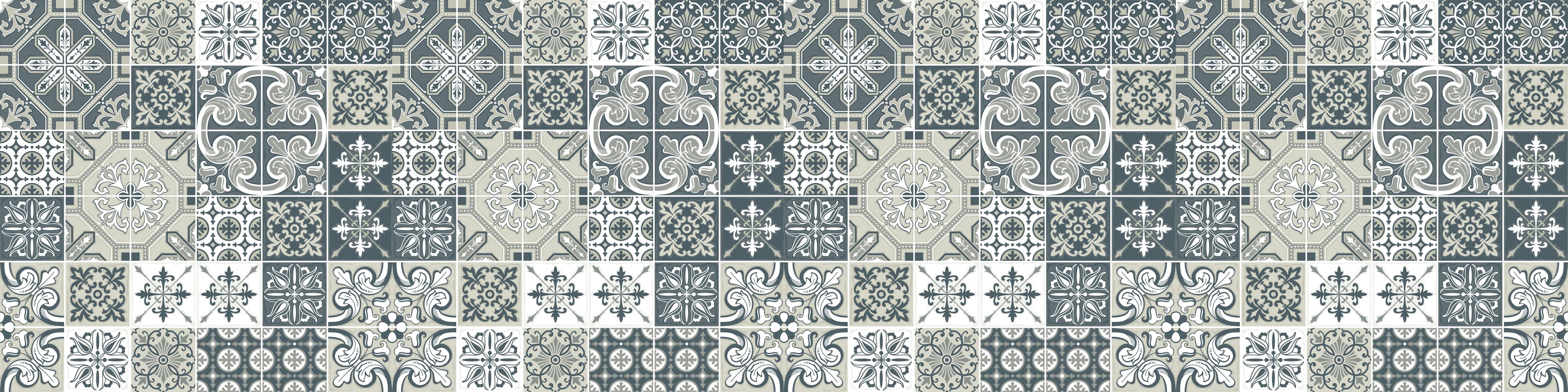 Küchenrückwand-Retro Kachel-Dekor in Blau-Weiß-Grau