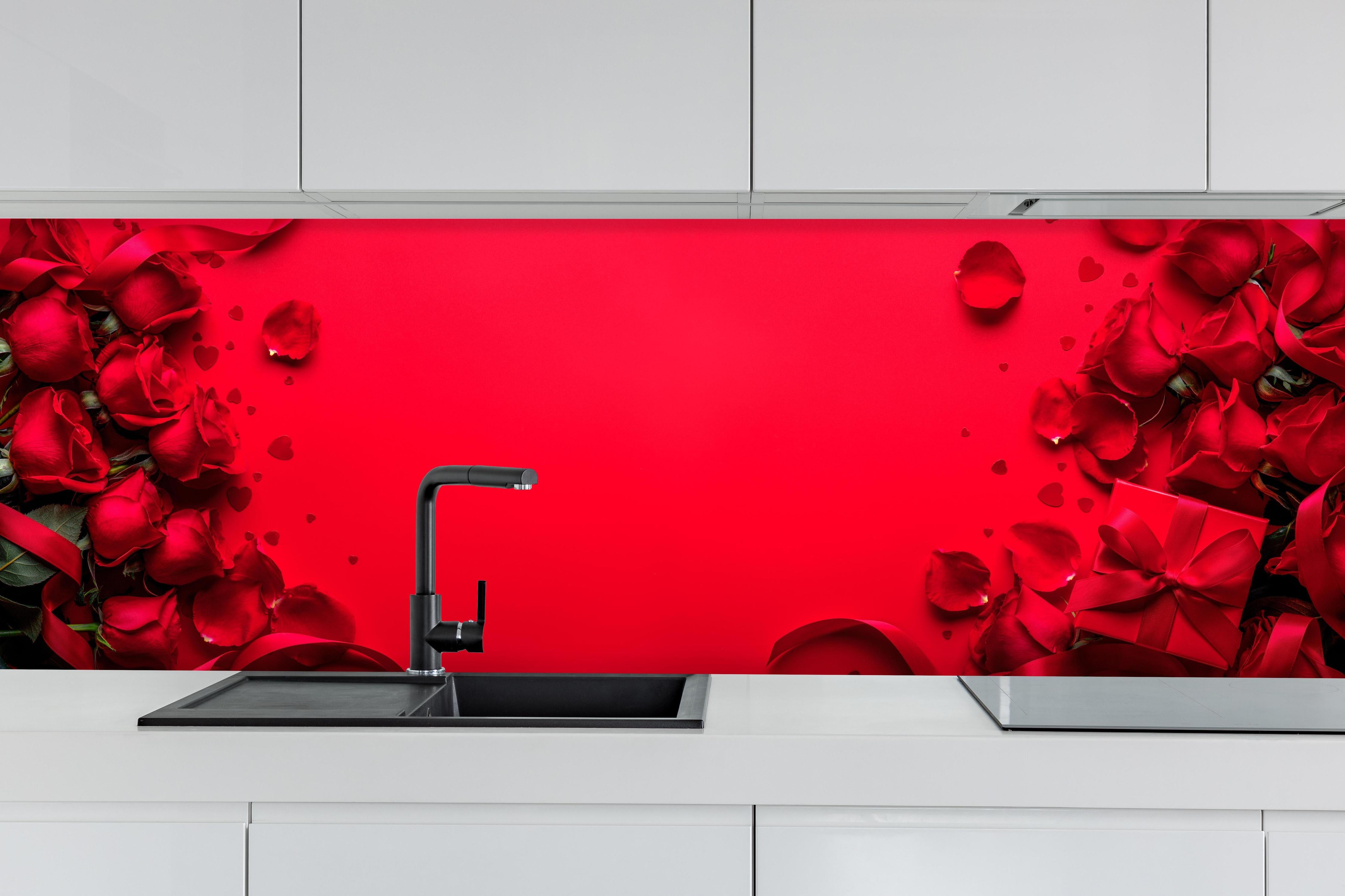 Küche - Rosengeschenk auf rotem Hintergrund hinter weißen Hochglanz-Küchenregalen und schwarzem Wasserhahn