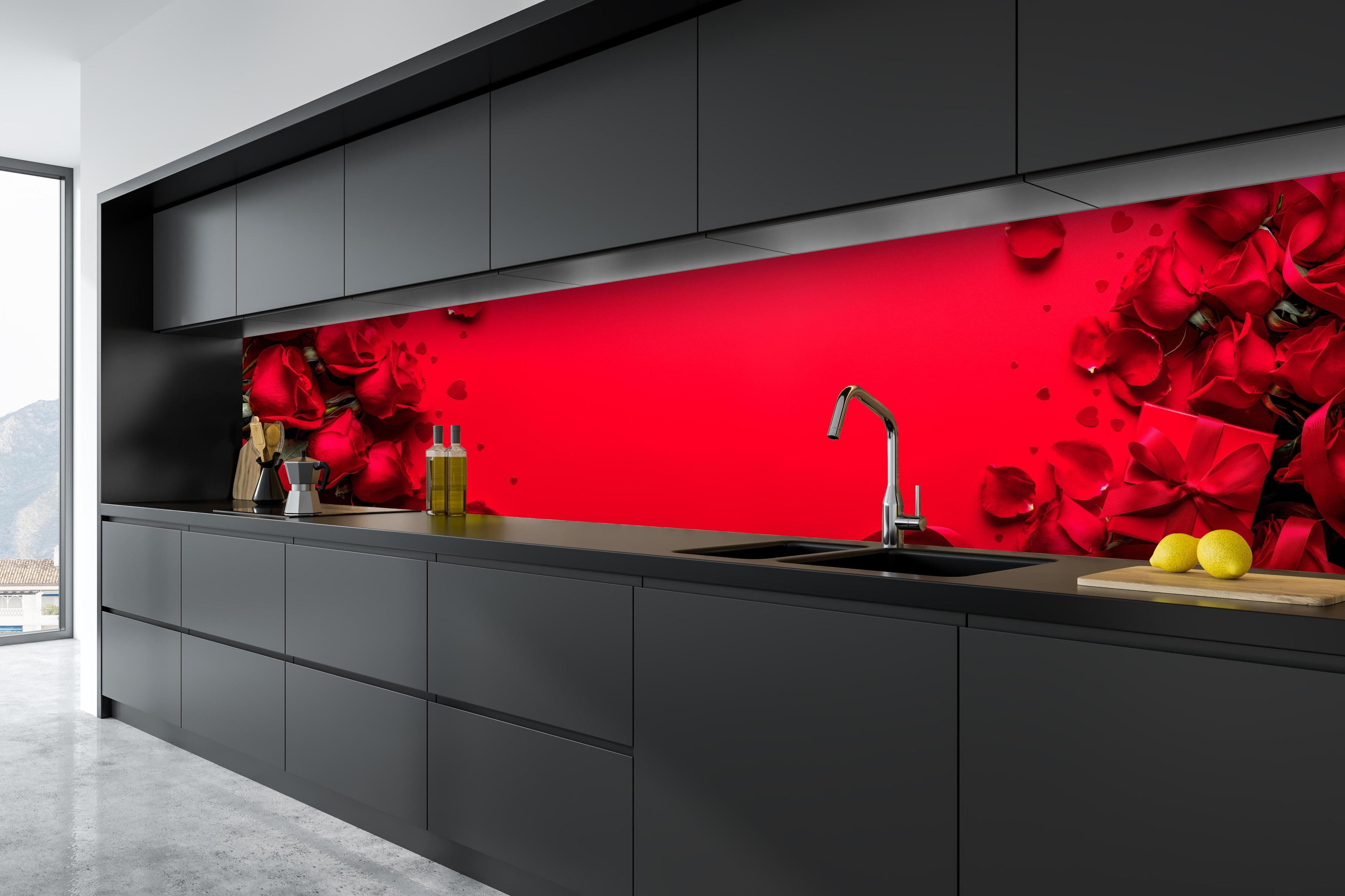 Küche - Rosengeschenk auf rotem Hintergrund hinter weißen Hochglanz-Küchenregalen und schwarzem Wasserhahn