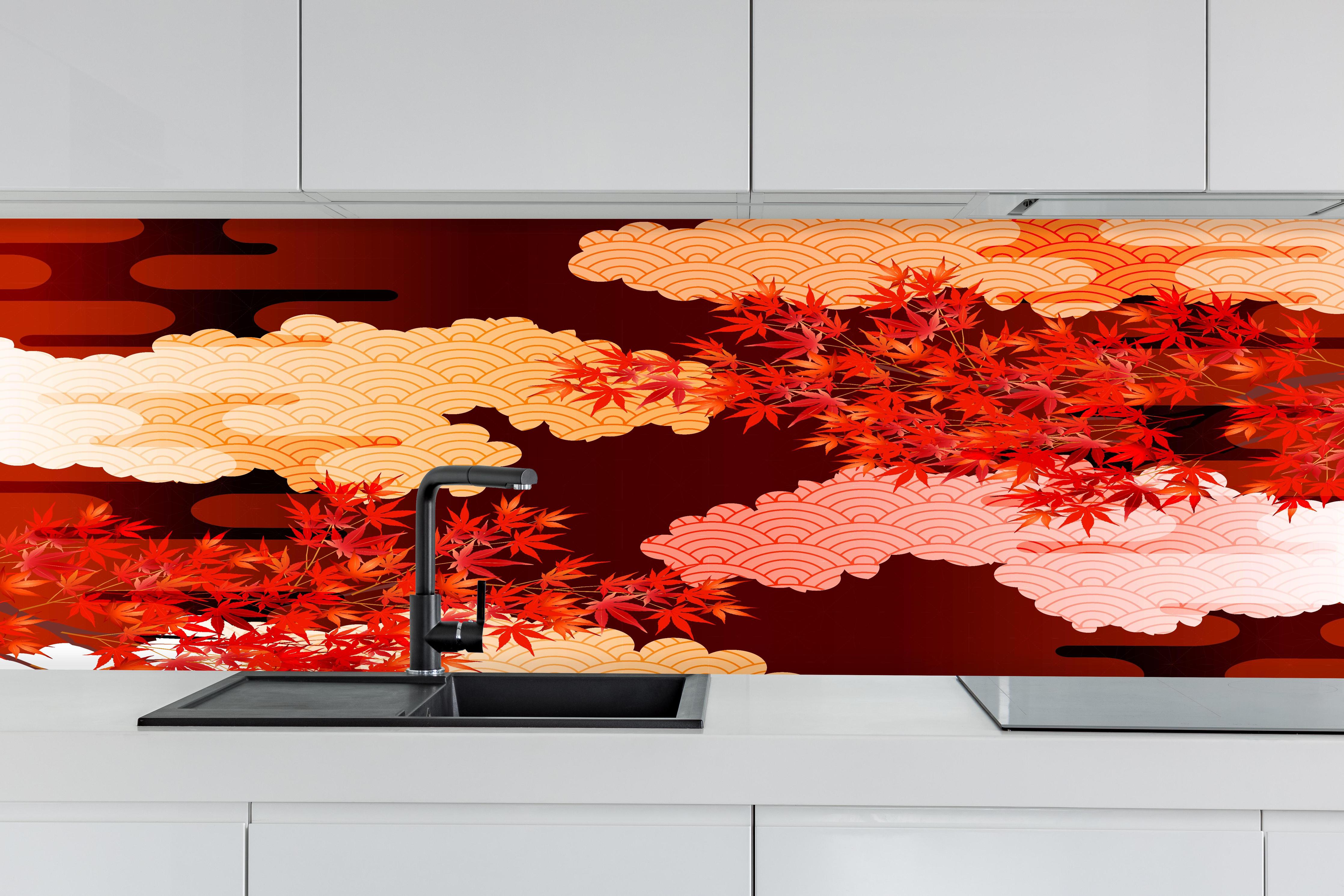 Küche - Rote Ahornblätter mit Wolkenmuster hinter weißen Hochglanz-Küchenregalen und schwarzem Wasserhahn