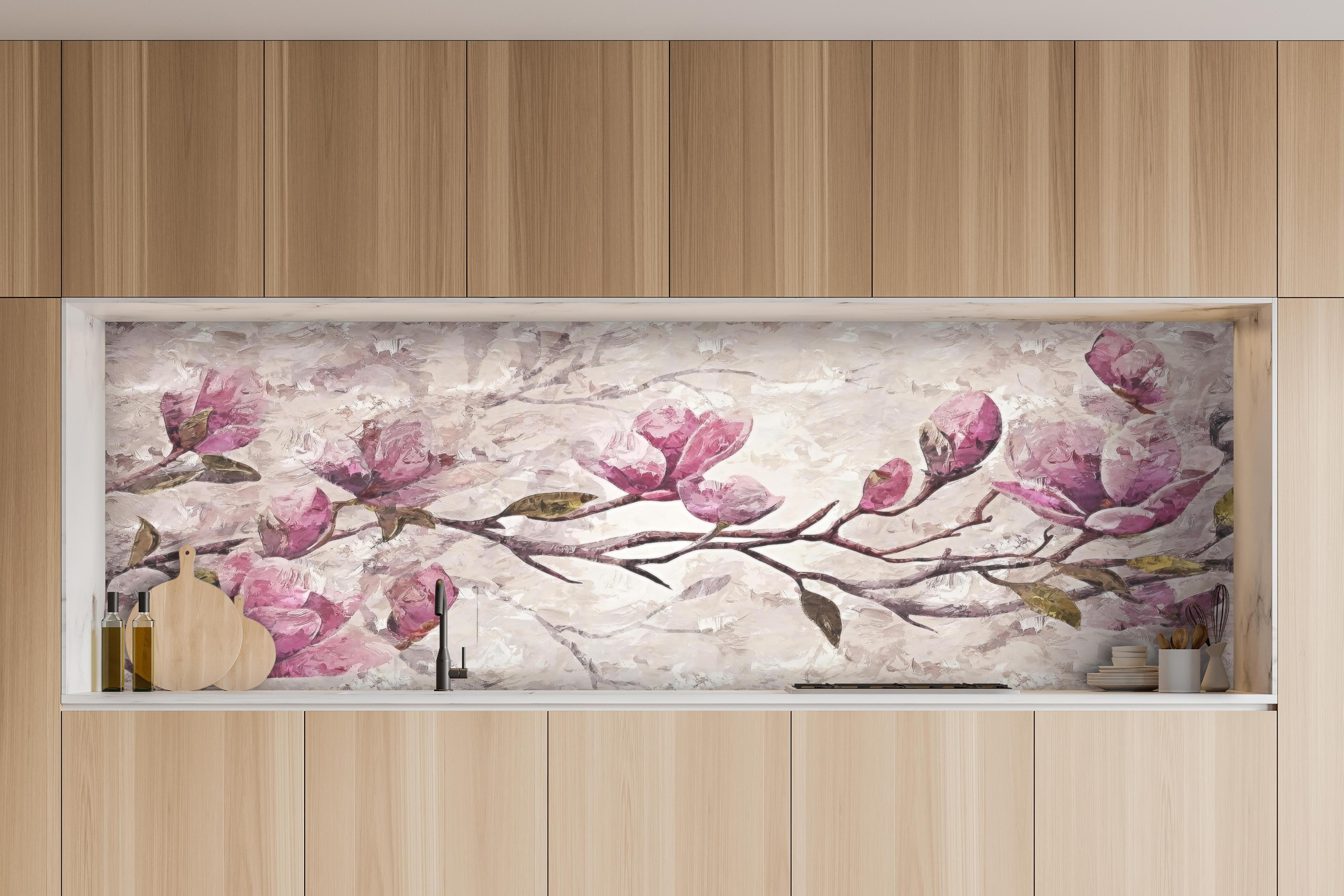 Küche - Sakura Baum - Gemälde hinter weißen Hochglanz-Küchenregalen und schwarzem Wasserhahn