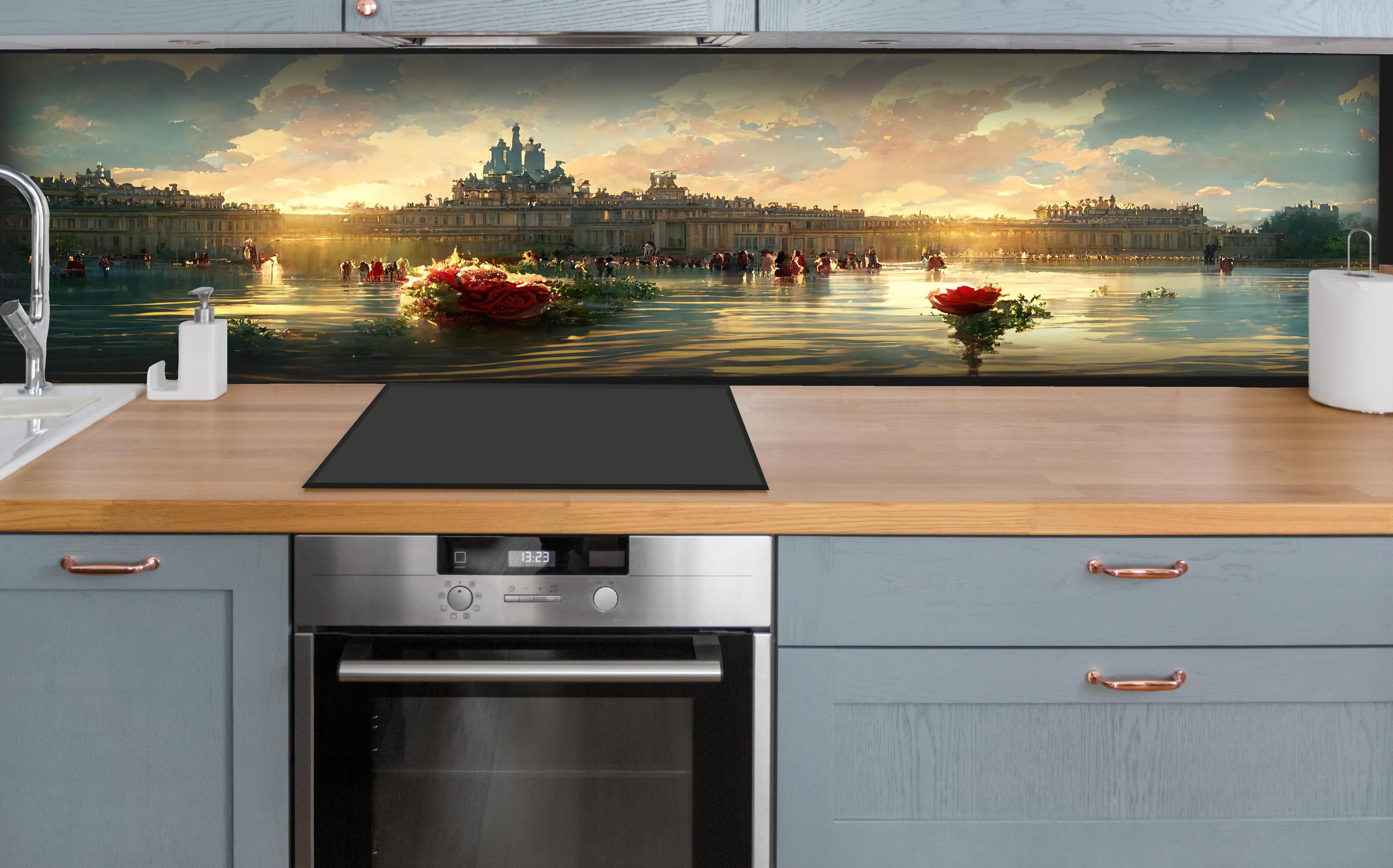 Küche - Schloss - Moderne Farben hinter weißen Hochglanz-Küchenregalen und schwarzem Wasserhahn