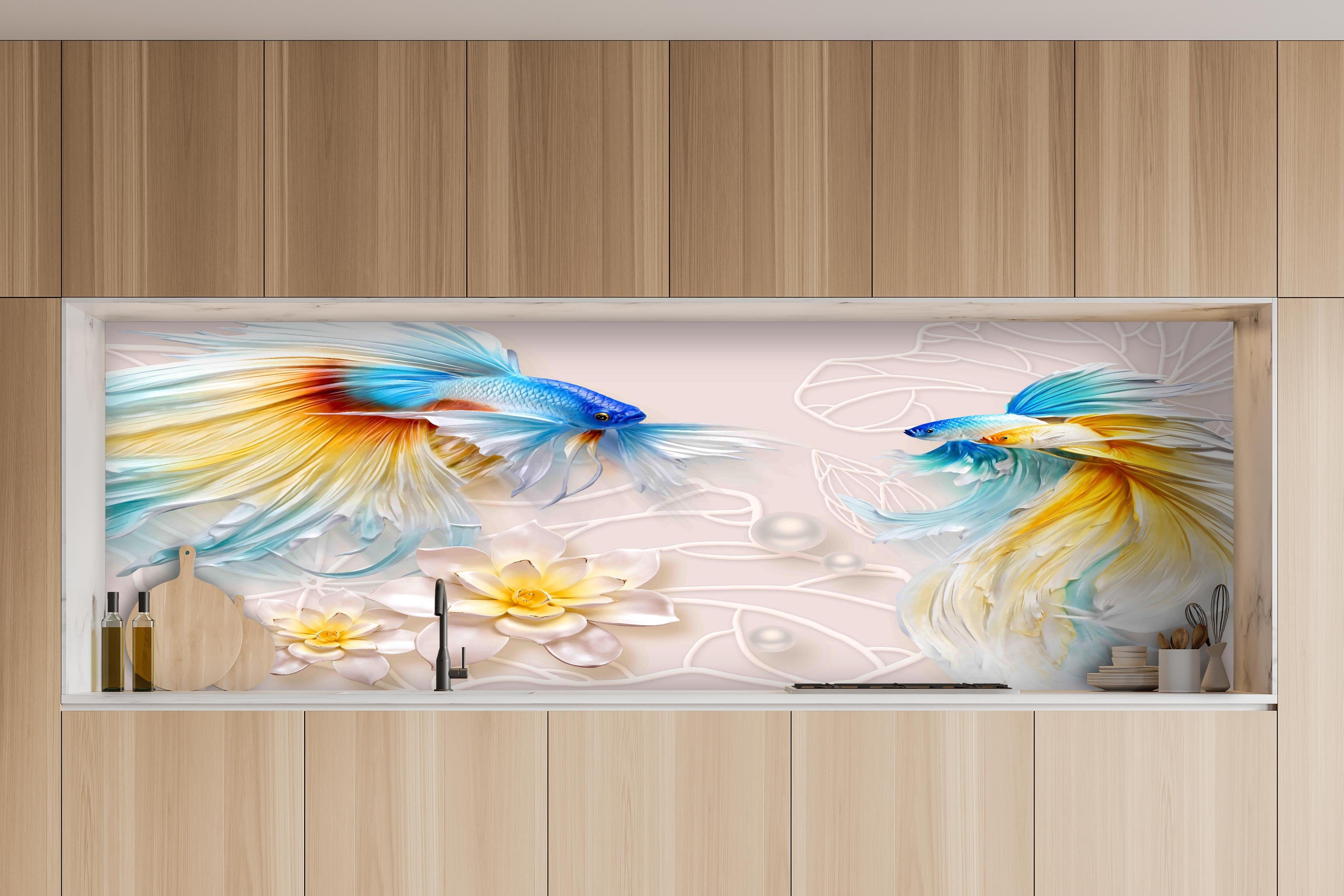 Küche - Schöne Fische auf Rosa Hintergrund hinter weißen Hochglanz-Küchenregalen und schwarzem Wasserhahn