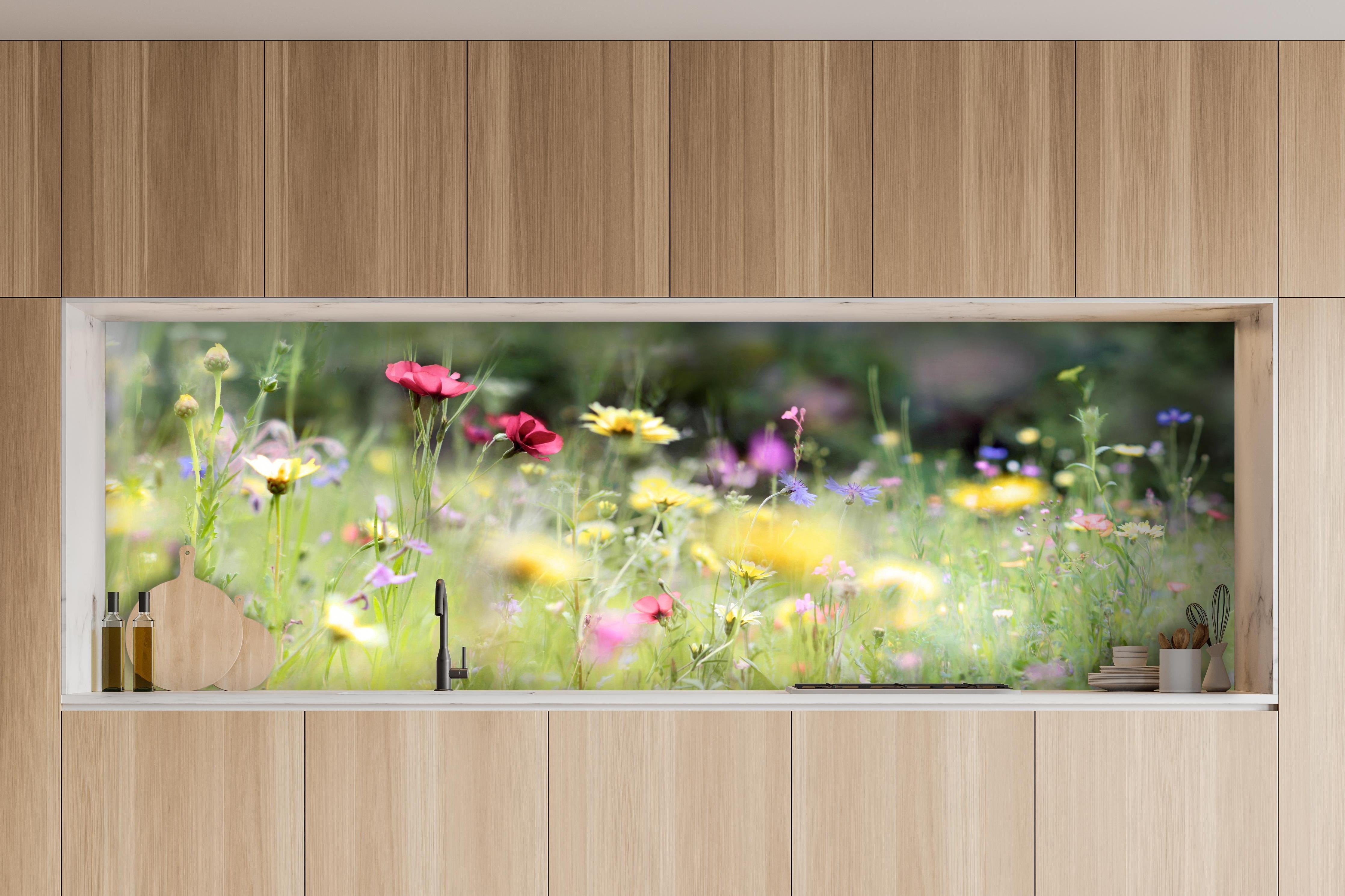 Küche - Schöne Wildblumenwiese hinter weißen Hochglanz-Küchenregalen und schwarzem Wasserhahn
