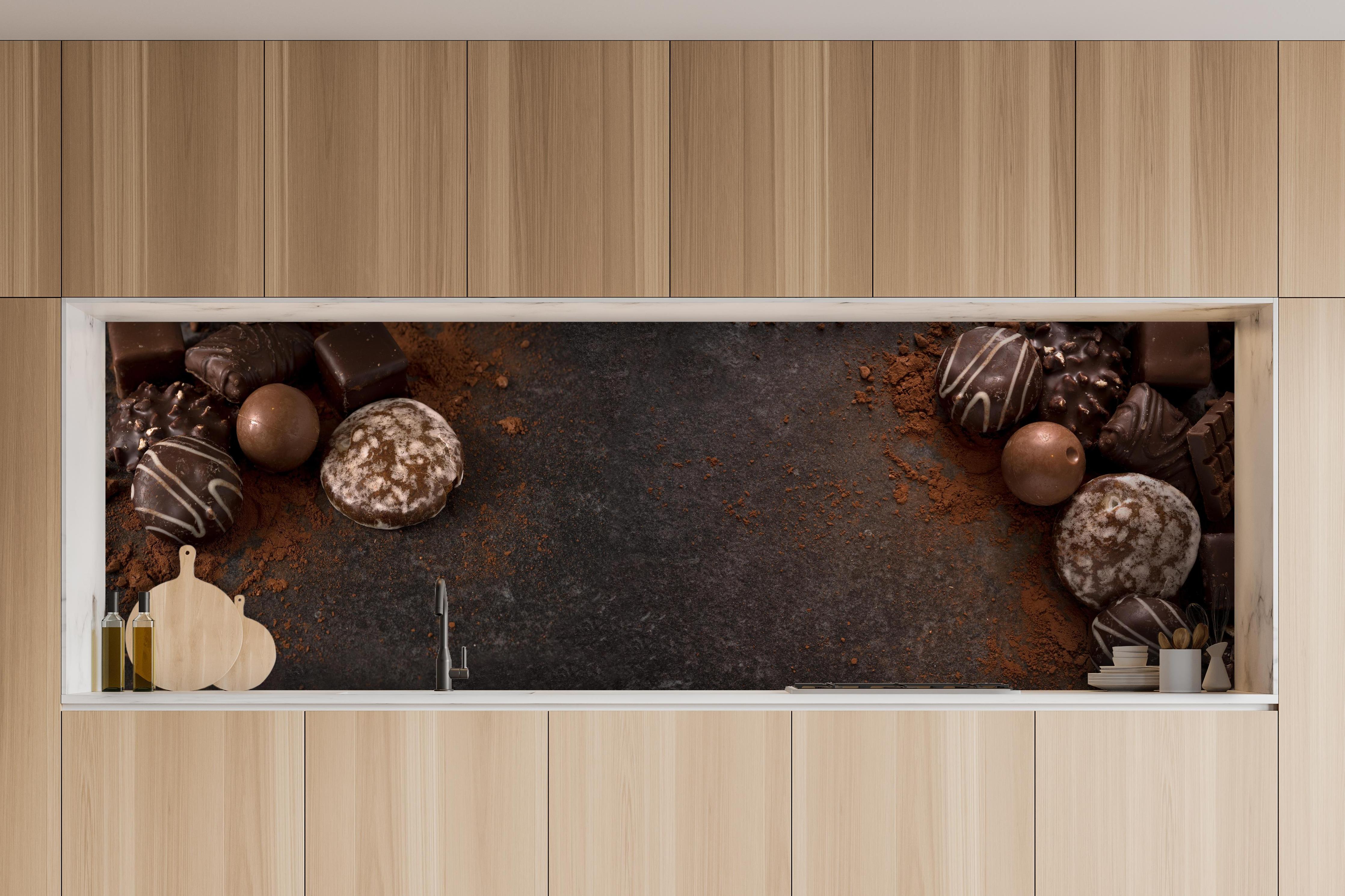 Küche - Schokoladenpralinen auf Schieferuntergrund hinter weißen Hochglanz-Küchenregalen und schwarzem Wasserhahn