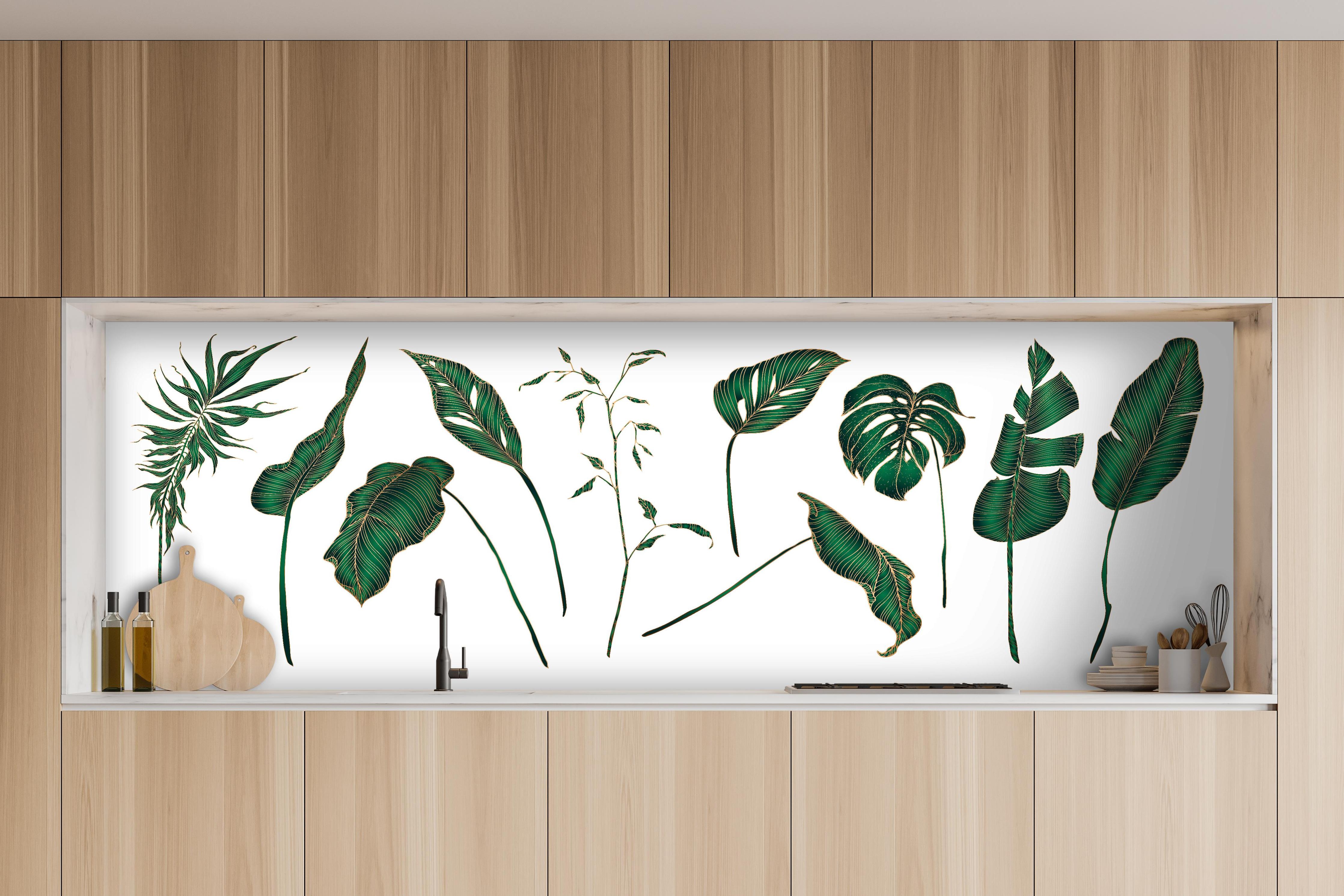 Küche - Set von tropischen Pflanzen Illustrationen hinter weißen Hochglanz-Küchenregalen und schwarzem Wasserhahn