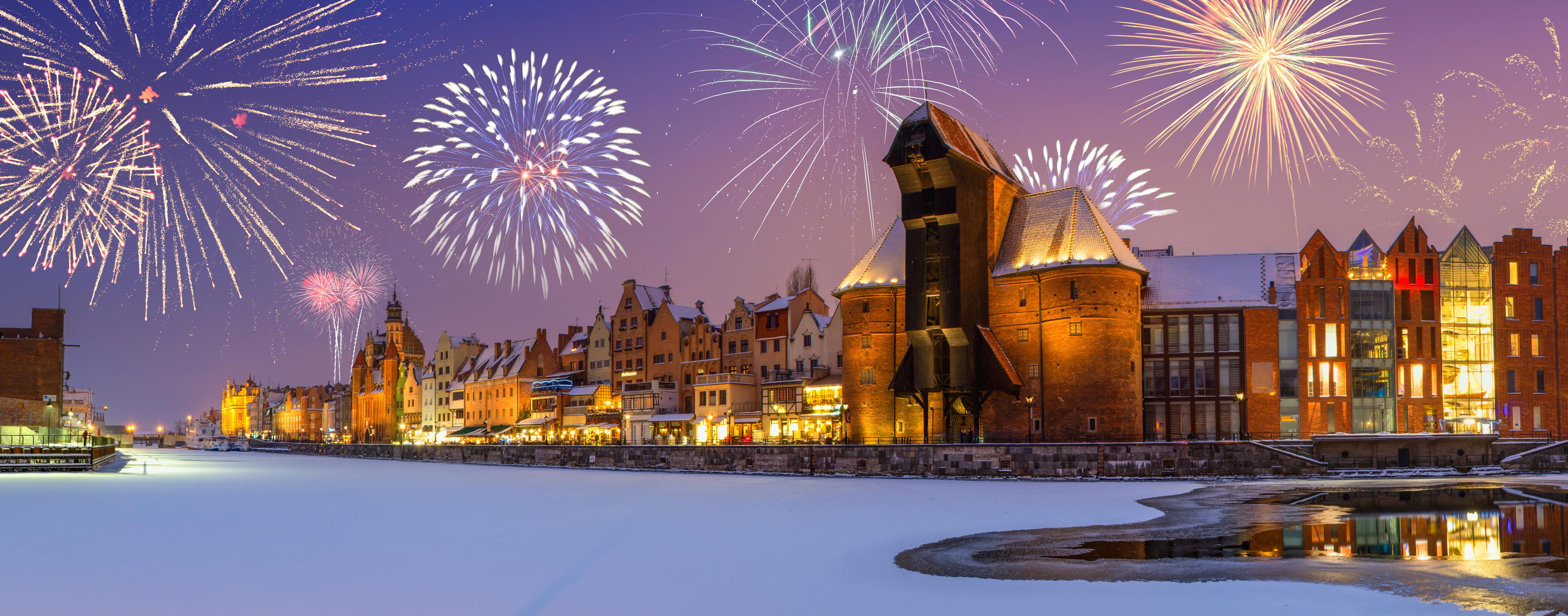 Küchenrückwand-Silvester Feuerwerk Gdansk Winternacht