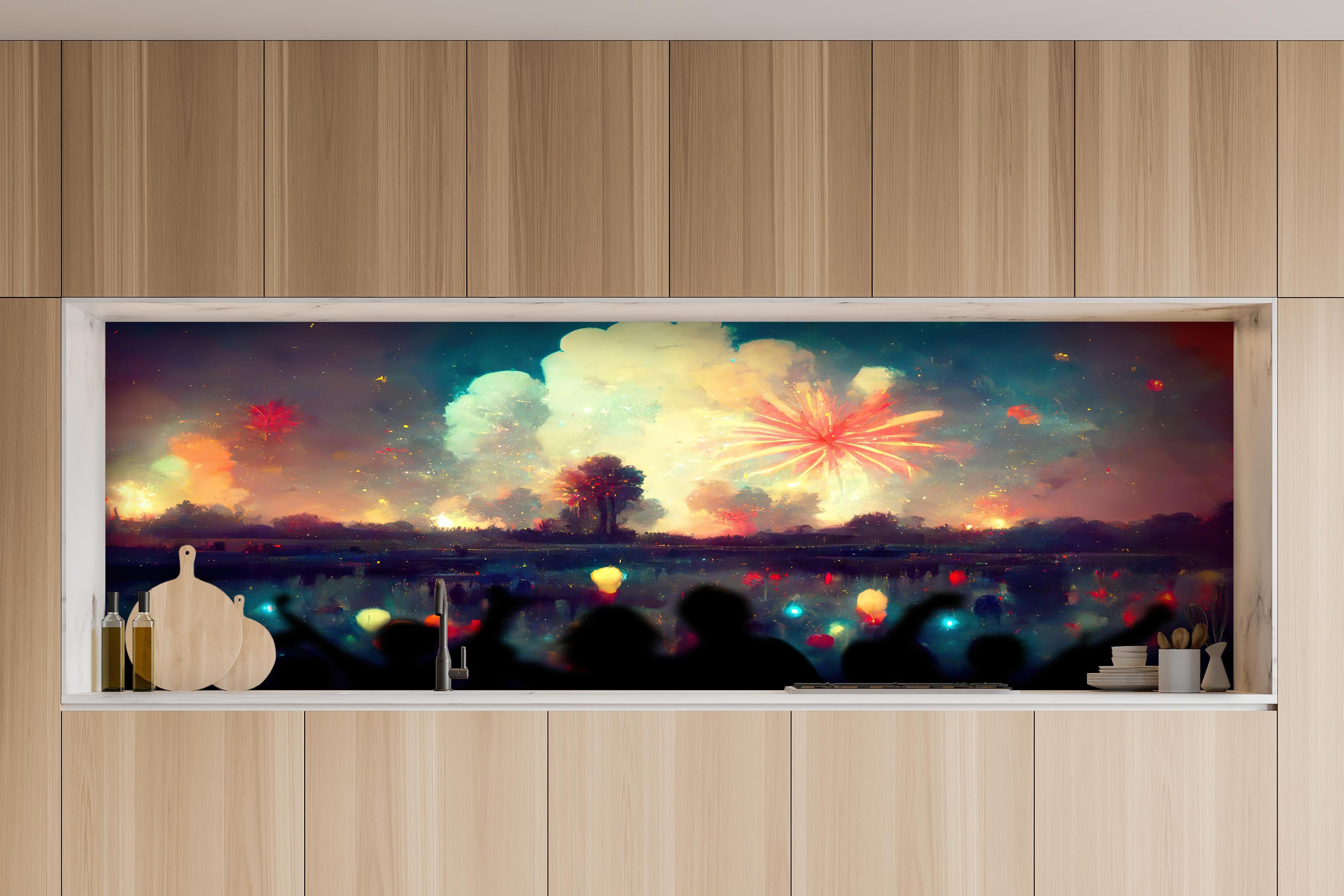 Küche - Silvesternacht - Illustration hinter weißen Hochglanz-Küchenregalen und schwarzem Wasserhahn