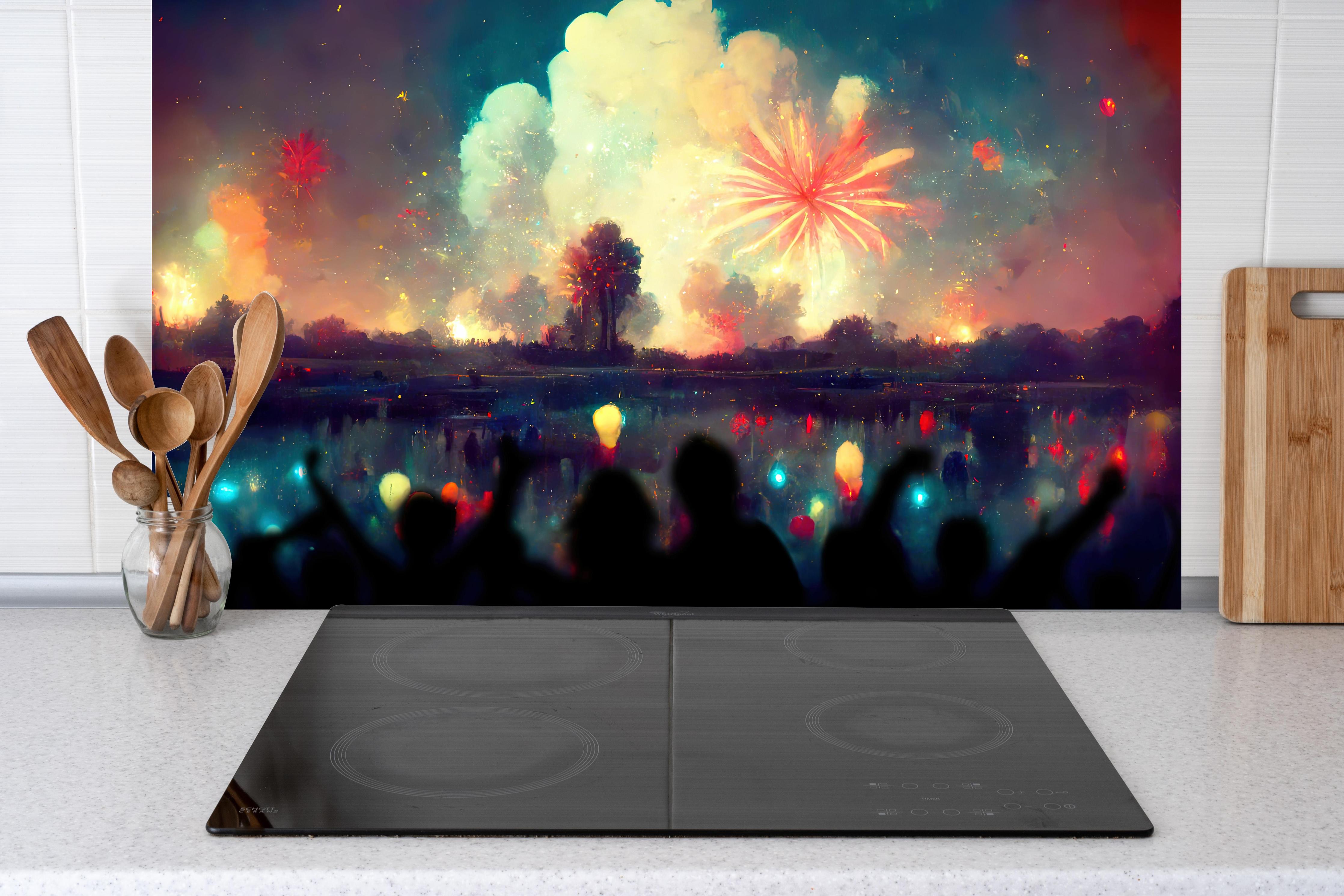 Küche - Silvesternacht - Illustration hinter weißen Hochglanz-Küchenregalen und schwarzem Wasserhahn