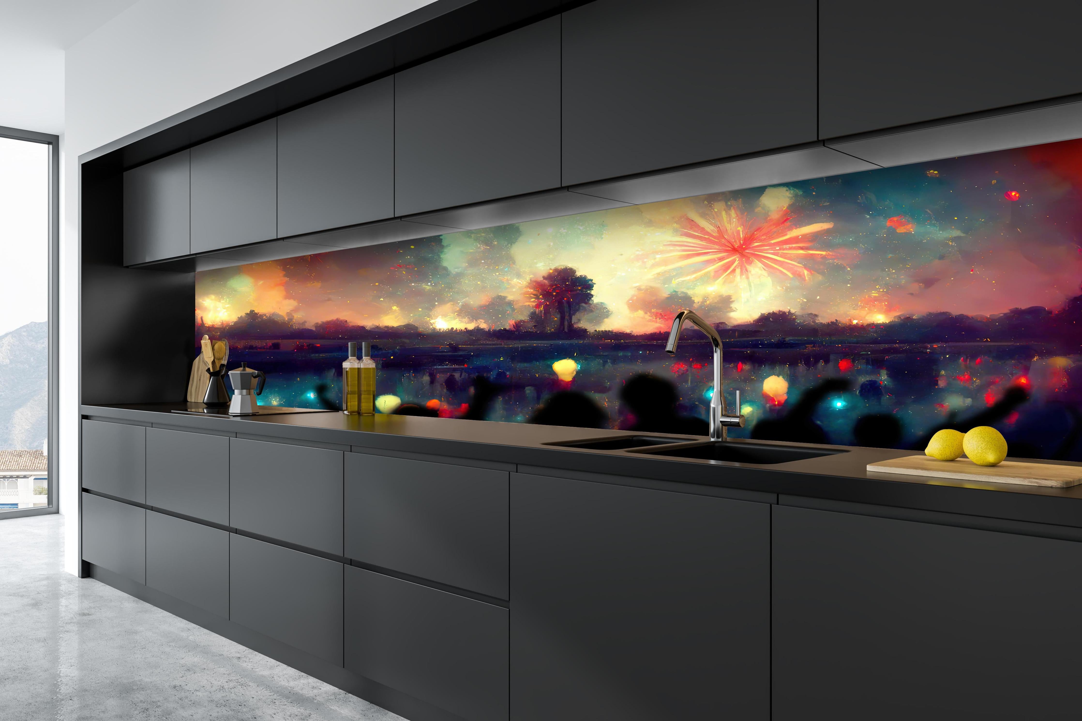 Küche - Silvesternacht - Illustration hinter weißen Hochglanz-Küchenregalen und schwarzem Wasserhahn