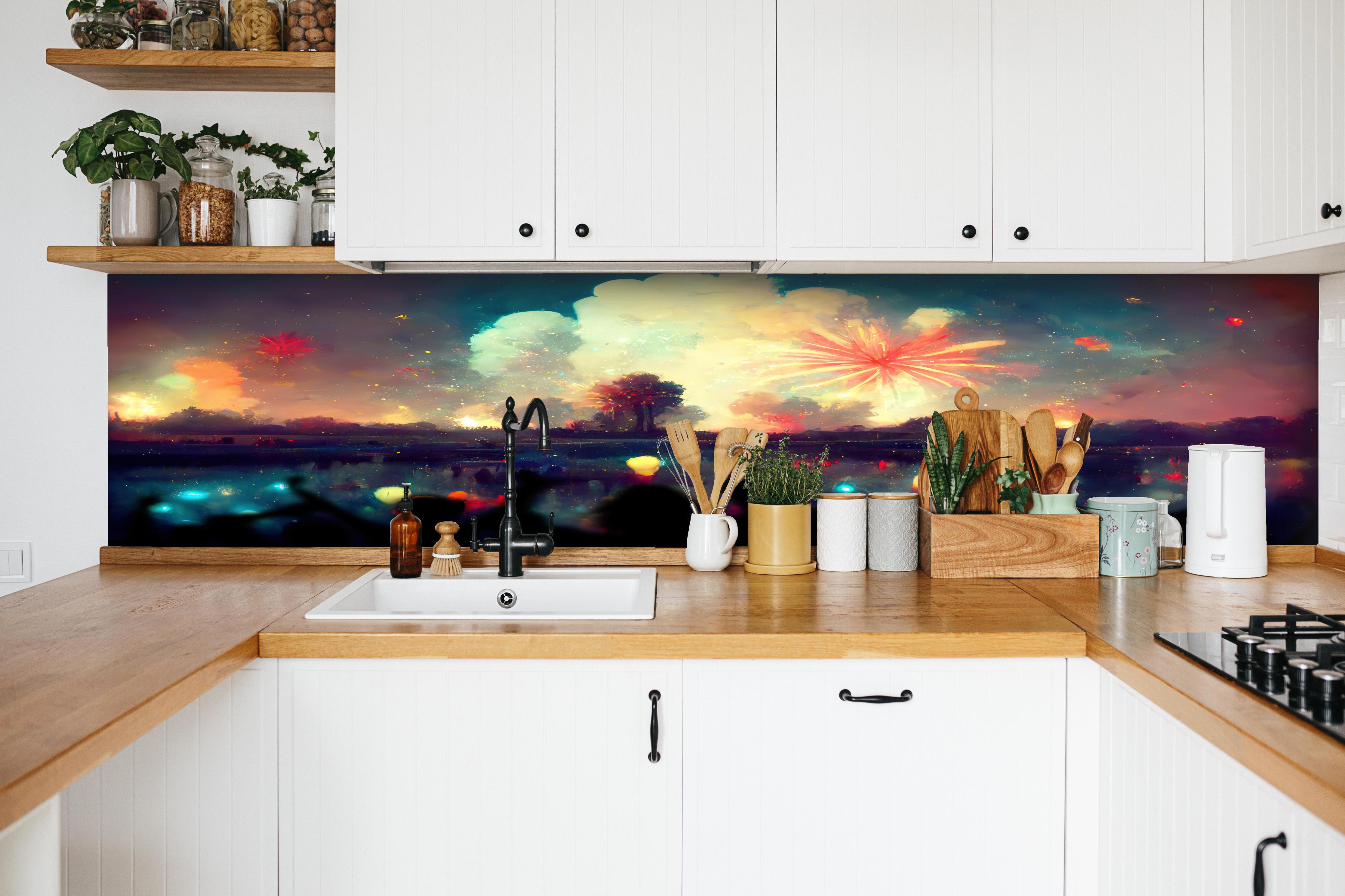 Küche - Silvesternacht - Illustration hinter weißen Hochglanz-Küchenregalen und schwarzem Wasserhahn