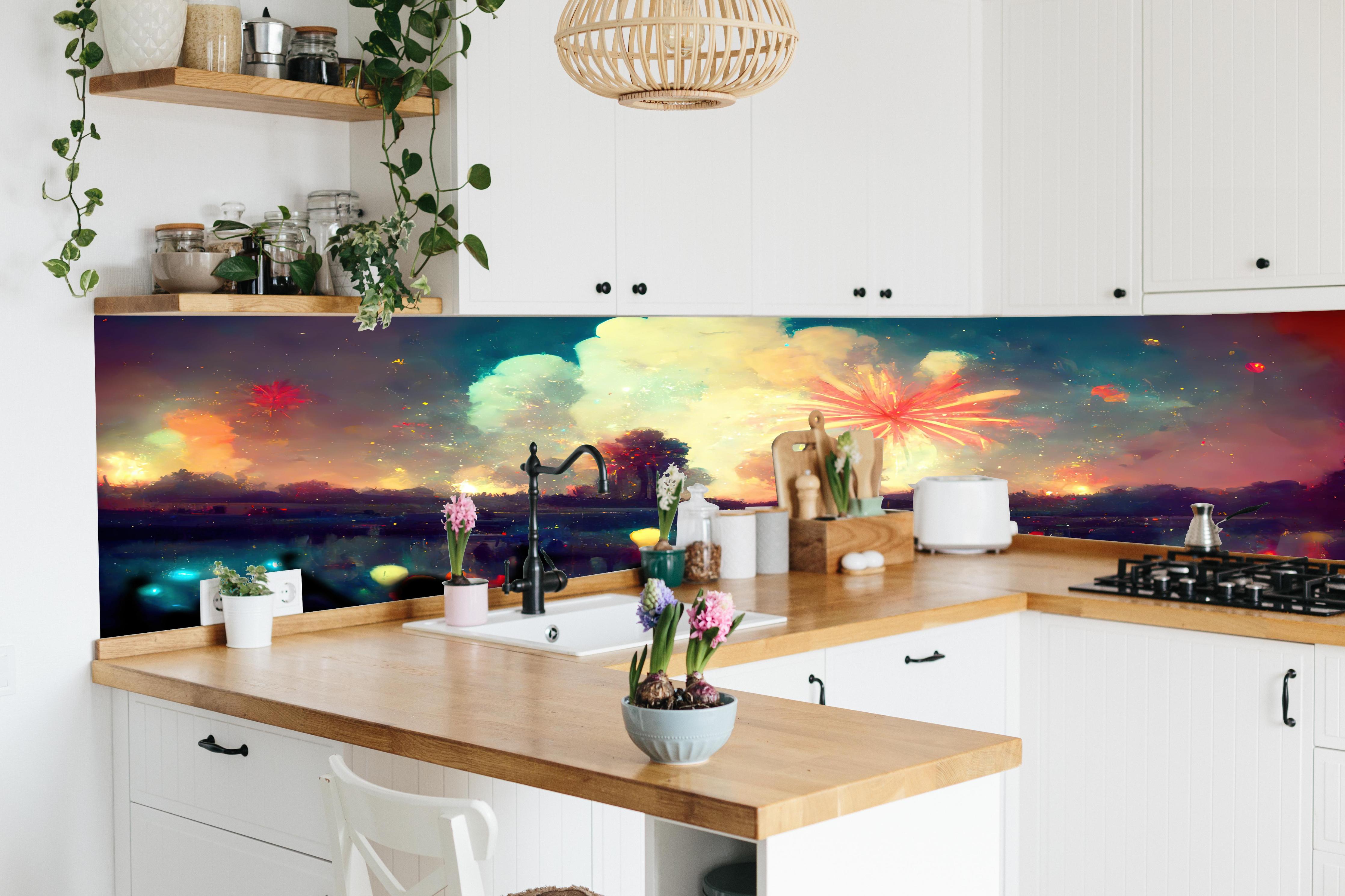 Küche - Silvesternacht - Illustration hinter weißen Hochglanz-Küchenregalen und schwarzem Wasserhahn