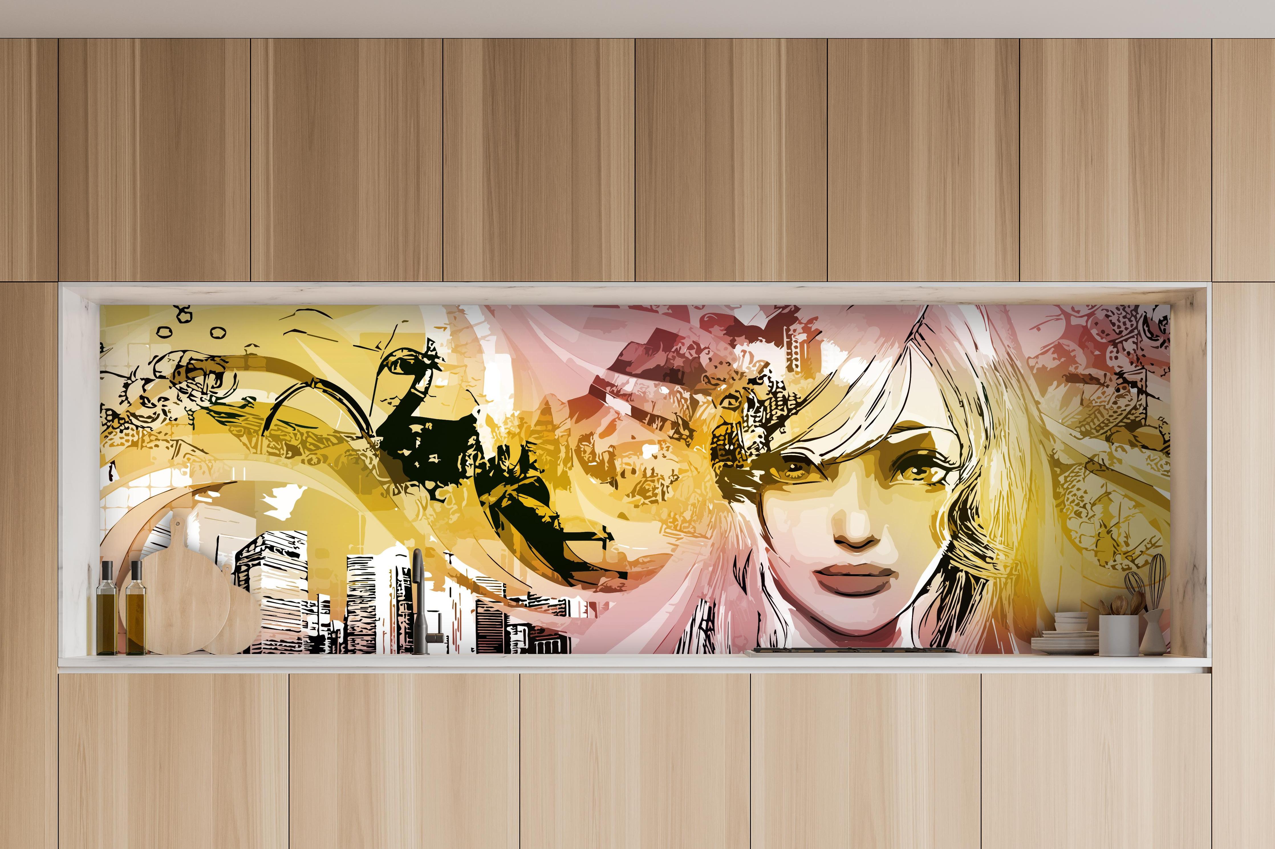 Küche - Street-Art Illustration Mädchen in Pink Gelb hinter weißen Hochglanz-Küchenregalen und schwarzem Wasserhahn