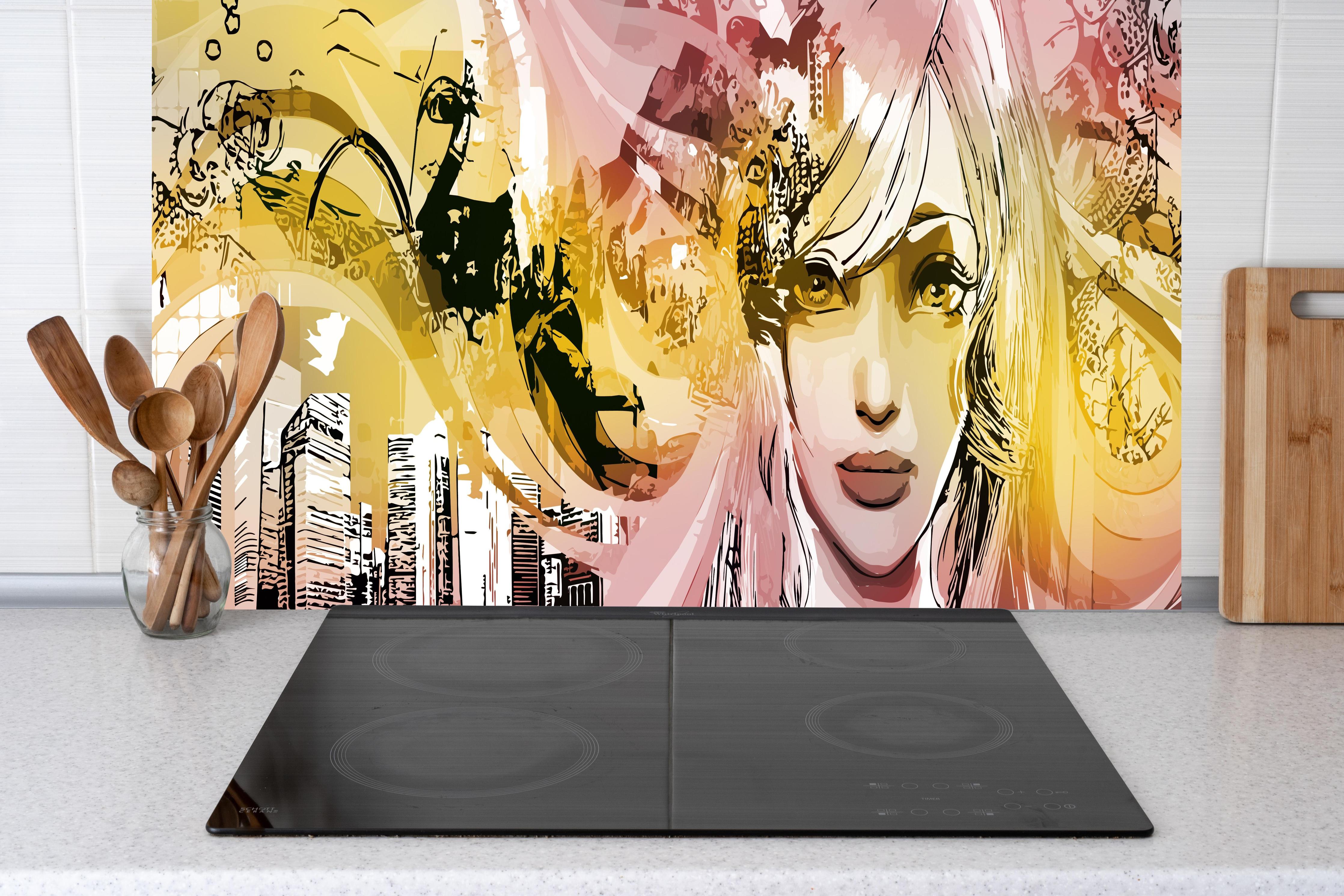 Küche - Street-Art Illustration Mädchen in Pink Gelb hinter weißen Hochglanz-Küchenregalen und schwarzem Wasserhahn