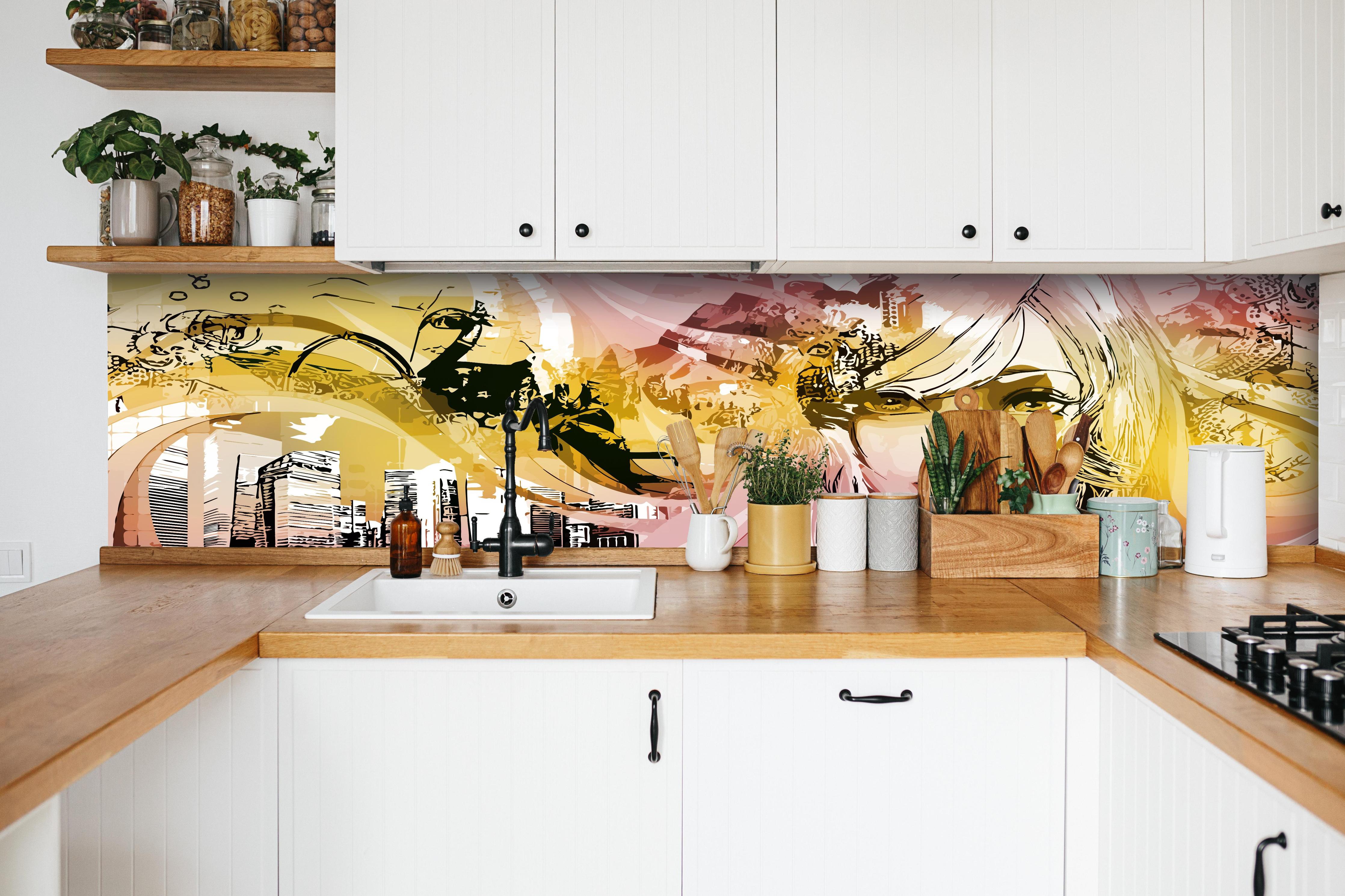 Küche - Street-Art Illustration Mädchen in Pink Gelb hinter weißen Hochglanz-Küchenregalen und schwarzem Wasserhahn