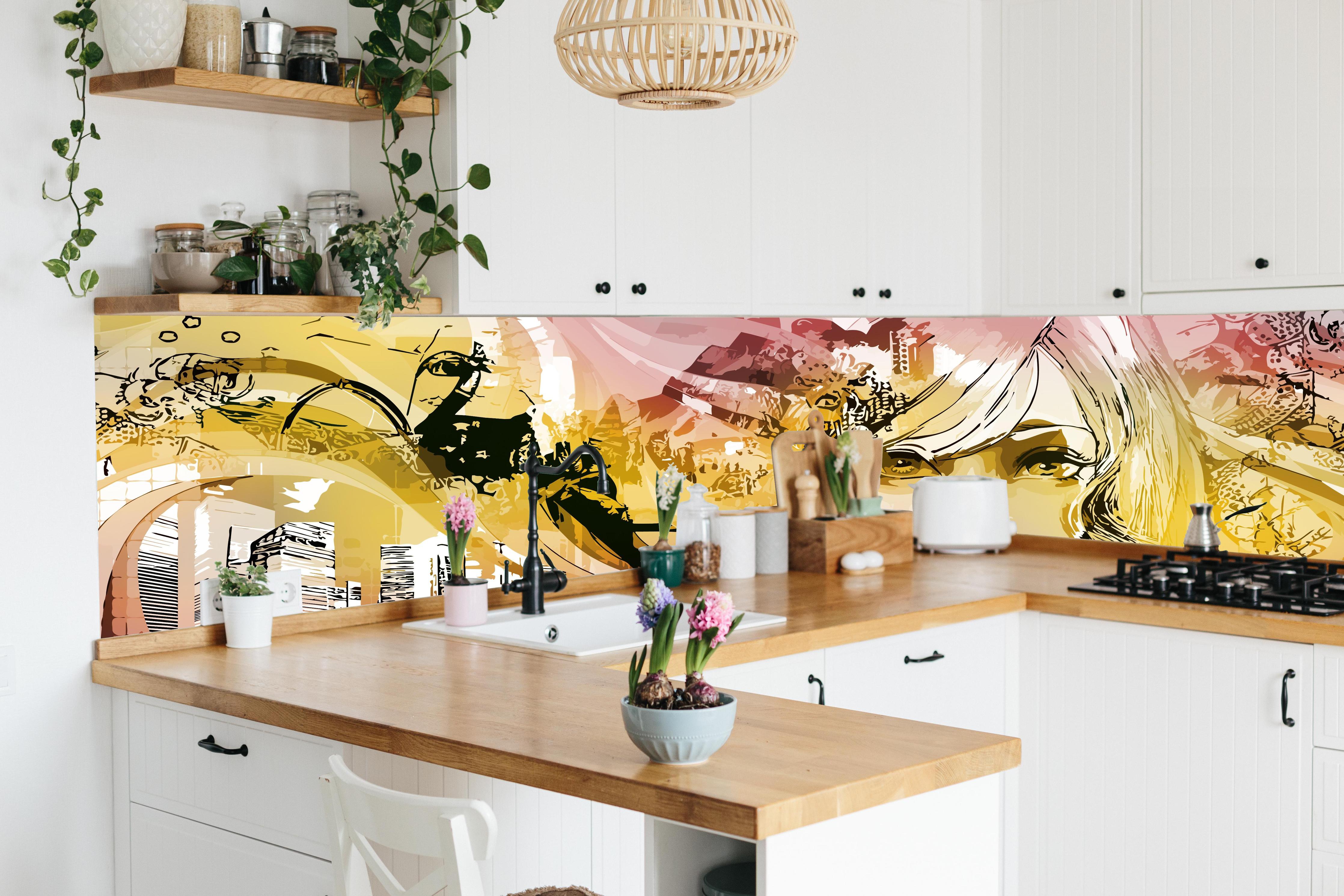 Küche - Street-Art Illustration Mädchen in Pink Gelb hinter weißen Hochglanz-Küchenregalen und schwarzem Wasserhahn