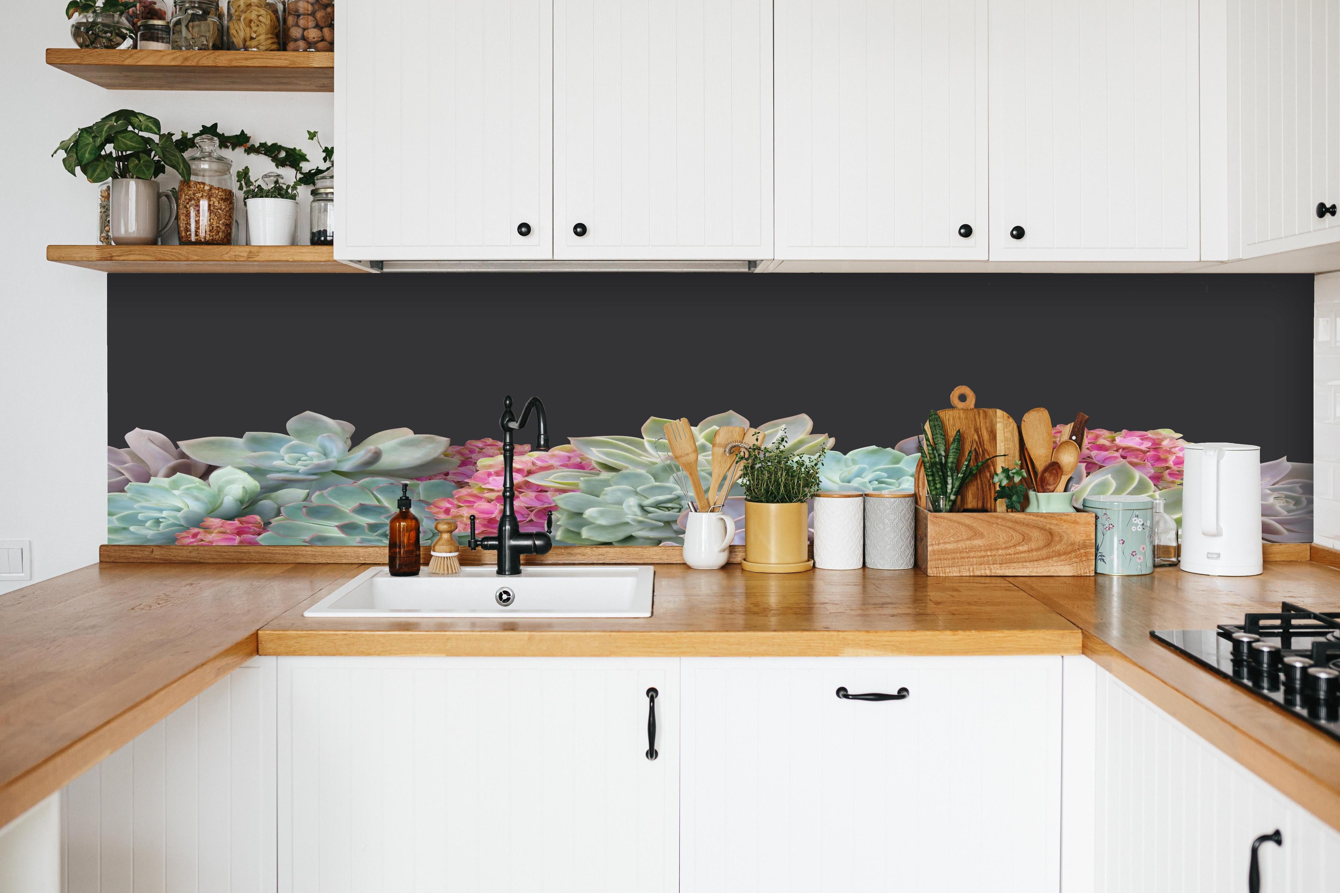 Küche - Sukkulente Blumen - Bunt hinter weißen Hochglanz-Küchenregalen und schwarzem Wasserhahn
