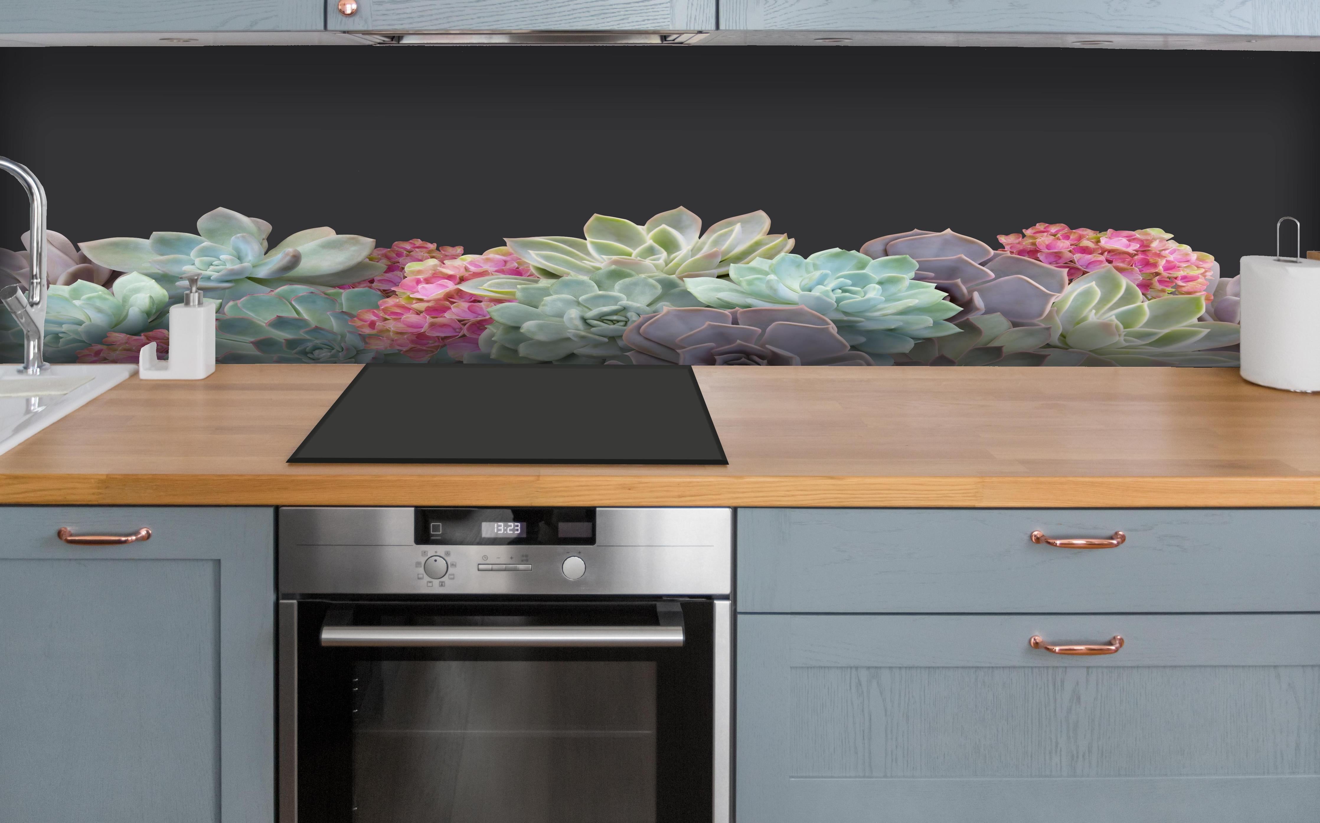 Küche - Sukkulente Blumen - Bunt hinter weißen Hochglanz-Küchenregalen und schwarzem Wasserhahn