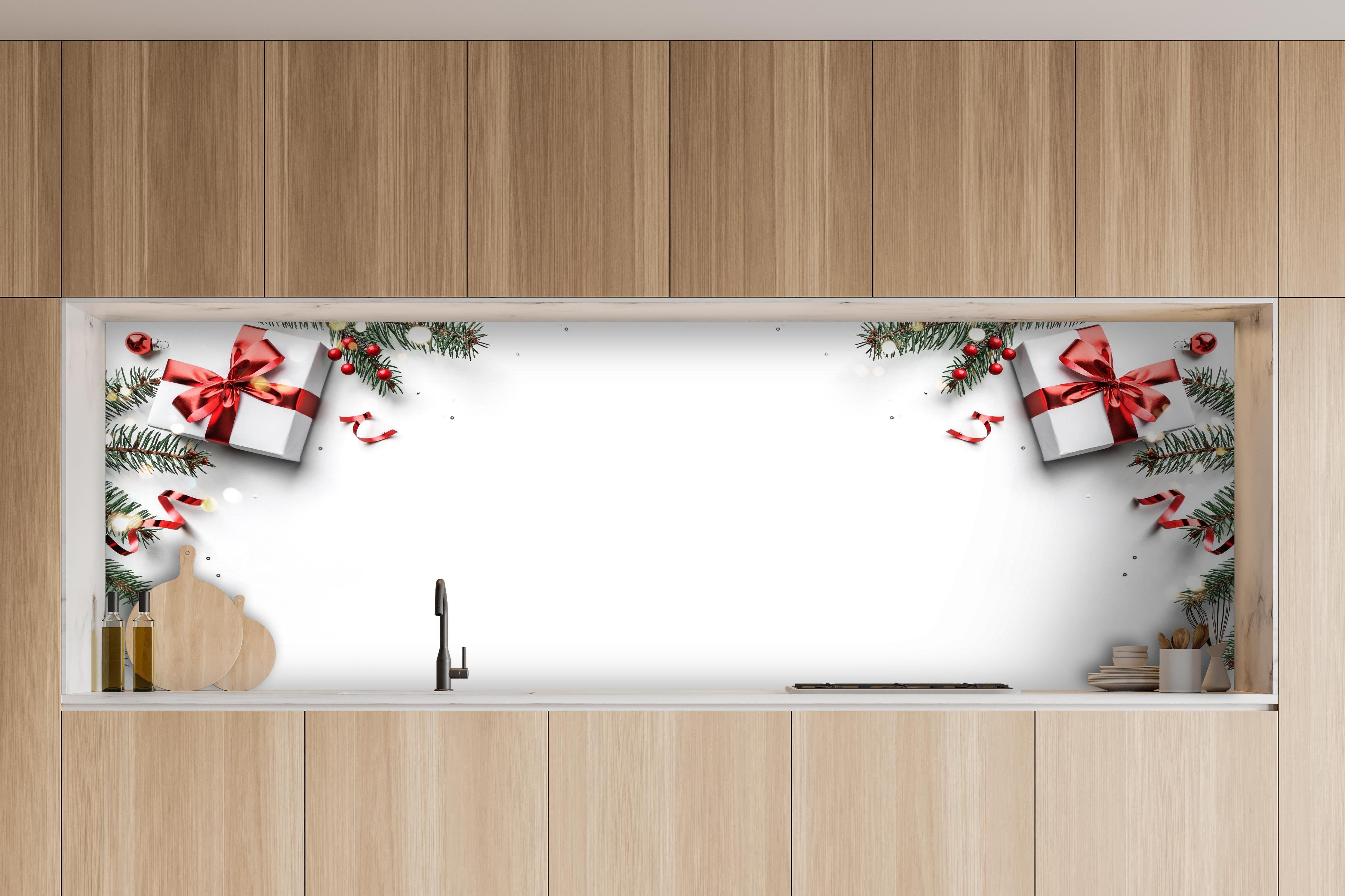 Küche - Tannenzweige auf weißem Hintergrund hinter weißen Hochglanz-Küchenregalen und schwarzem Wasserhahn