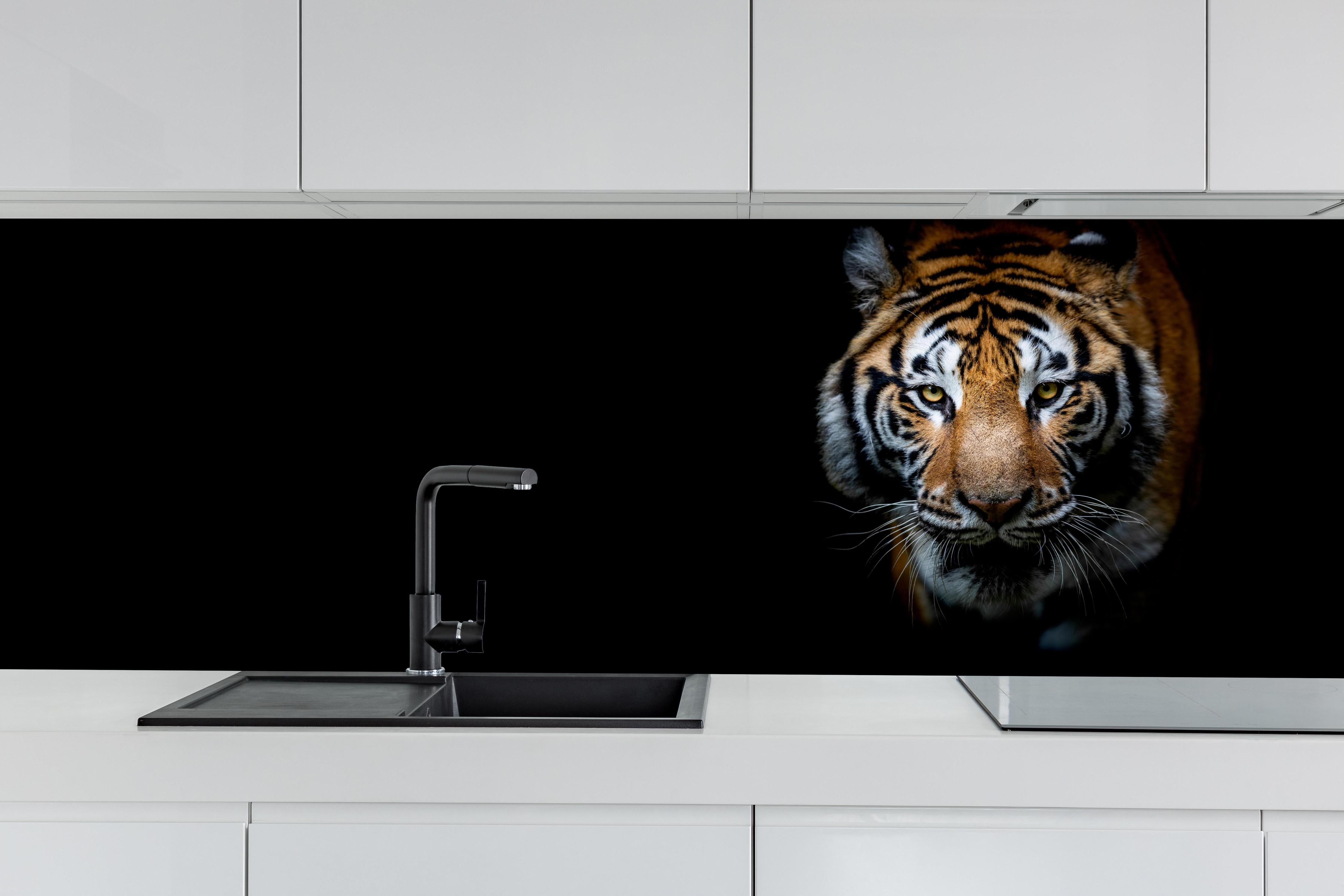 Küche - Tiger auf schwarzem Hintergrund hinter weißen Hochglanz-Küchenregalen und schwarzem Wasserhahn