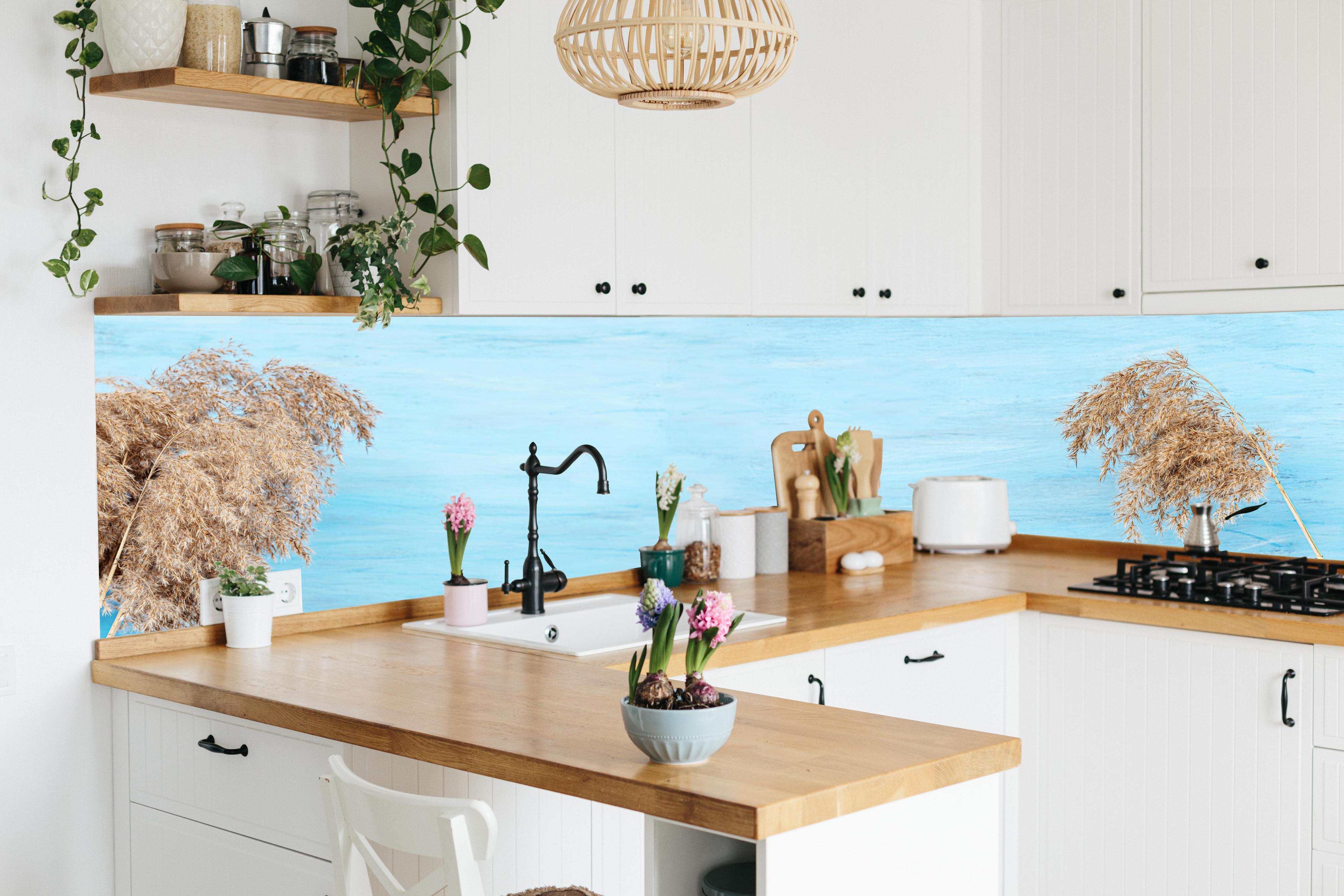 Küche - Trockene Pflanzen über dem Meer hinter weißen Hochglanz-Küchenregalen und schwarzem Wasserhahn