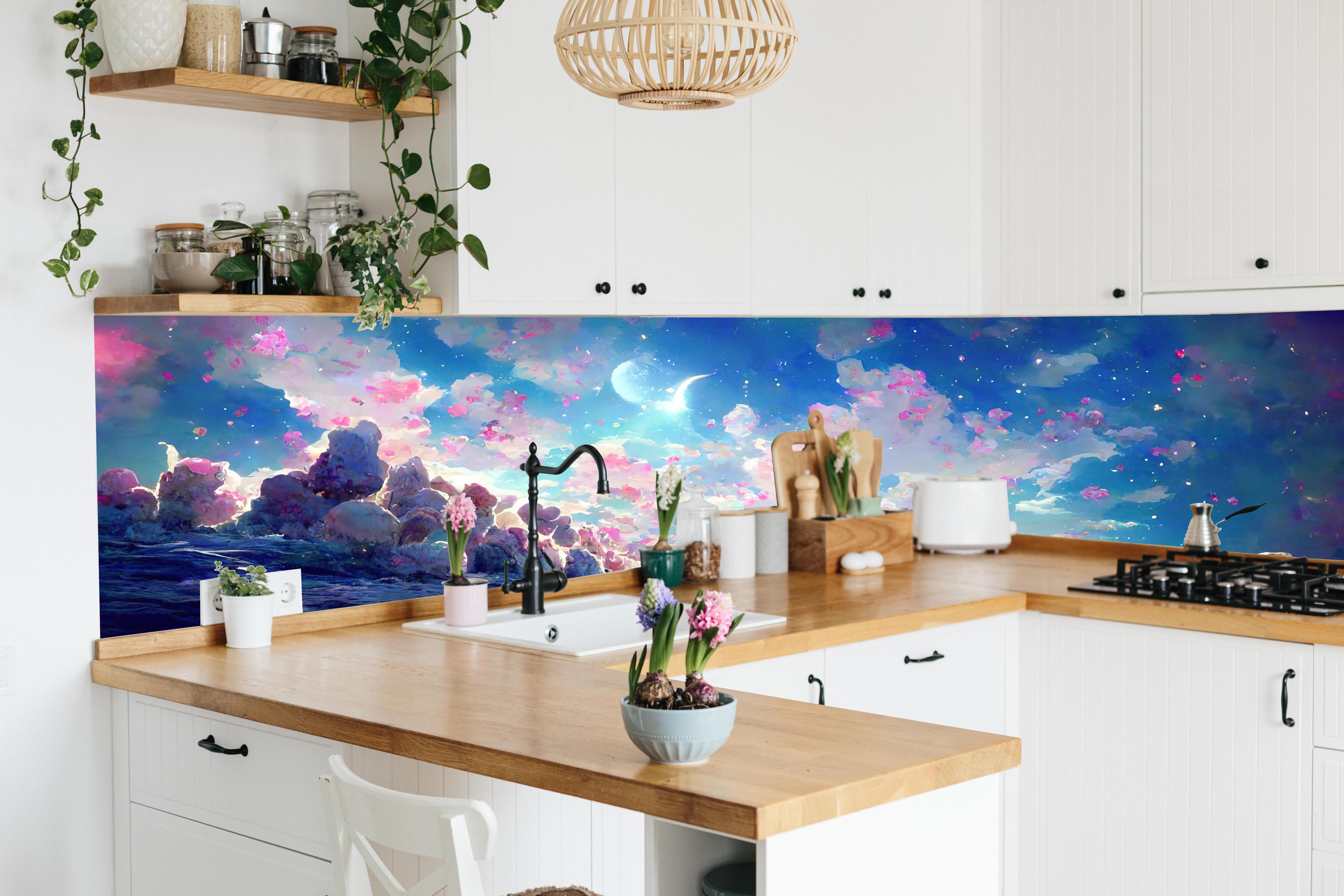 Küche - Verträumte Meeresansicht mit Rosa Wolken hinter weißen Hochglanz-Küchenregalen und schwarzem Wasserhahn