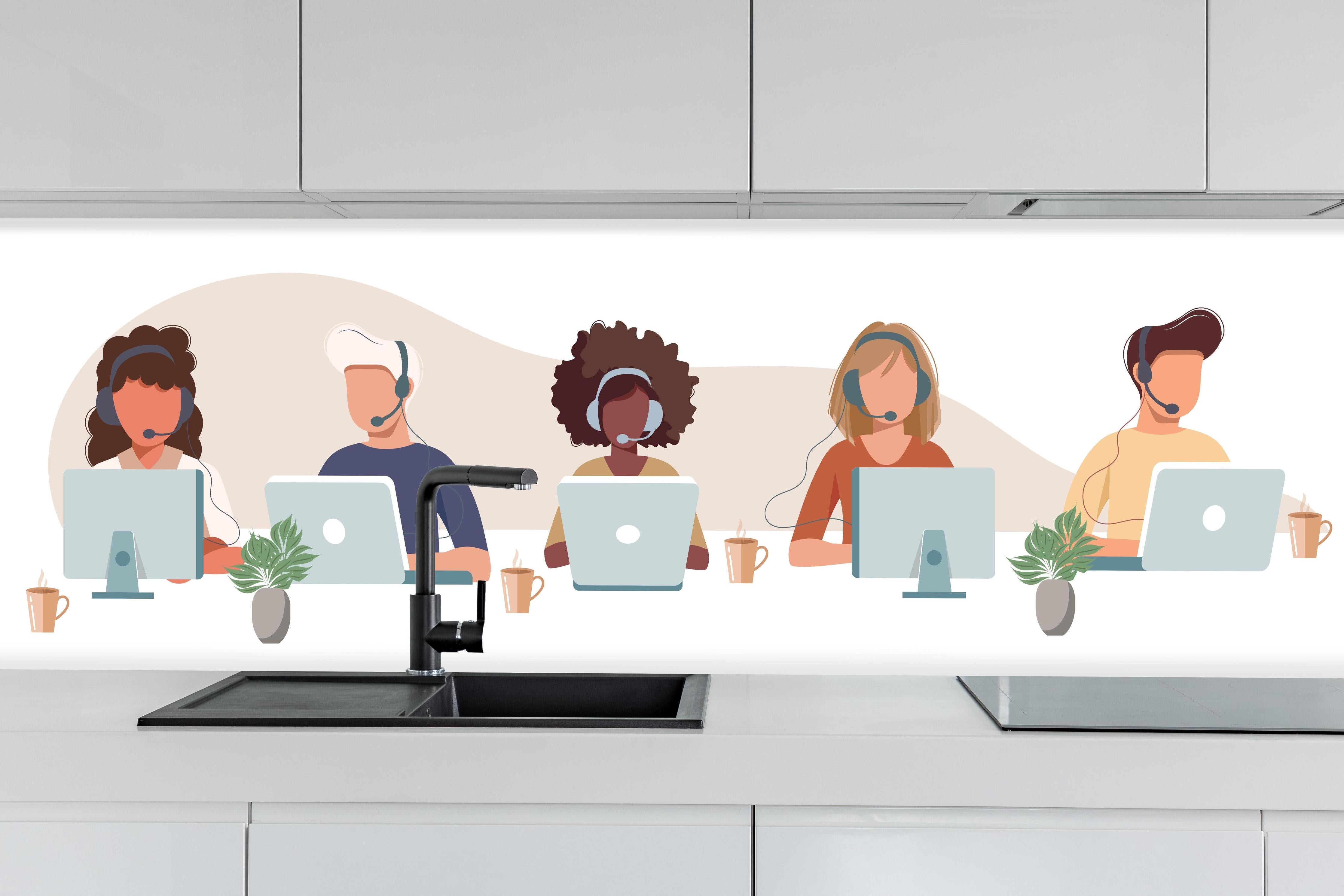 Küche - Vielfältiges Team bei der Arbeit Illustration hinter weißen Hochglanz-Küchenregalen und schwarzem Wasserhahn