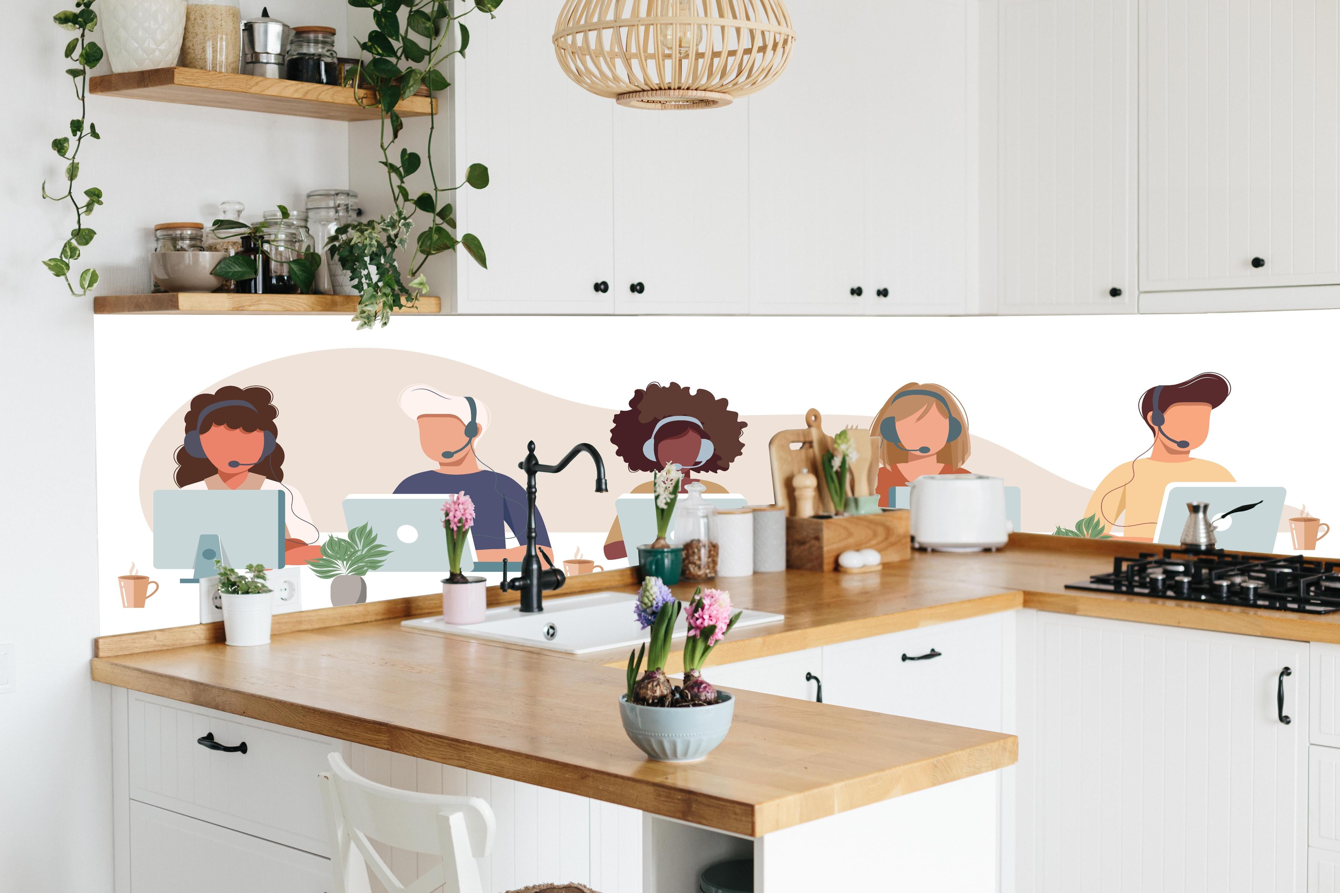 Küche - Vielfältiges Team bei der Arbeit Illustration hinter weißen Hochglanz-Küchenregalen und schwarzem Wasserhahn