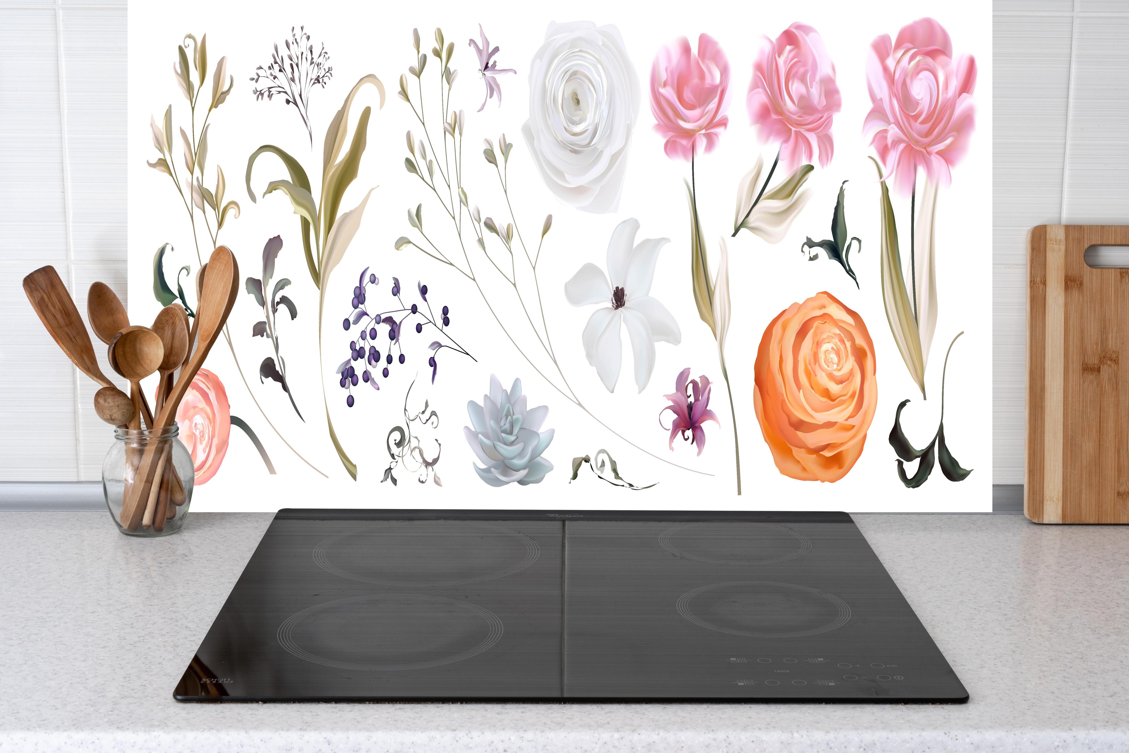 Küche - Vielseitiges Blumen Illustrationen Set hinter weißen Hochglanz-Küchenregalen und schwarzem Wasserhahn