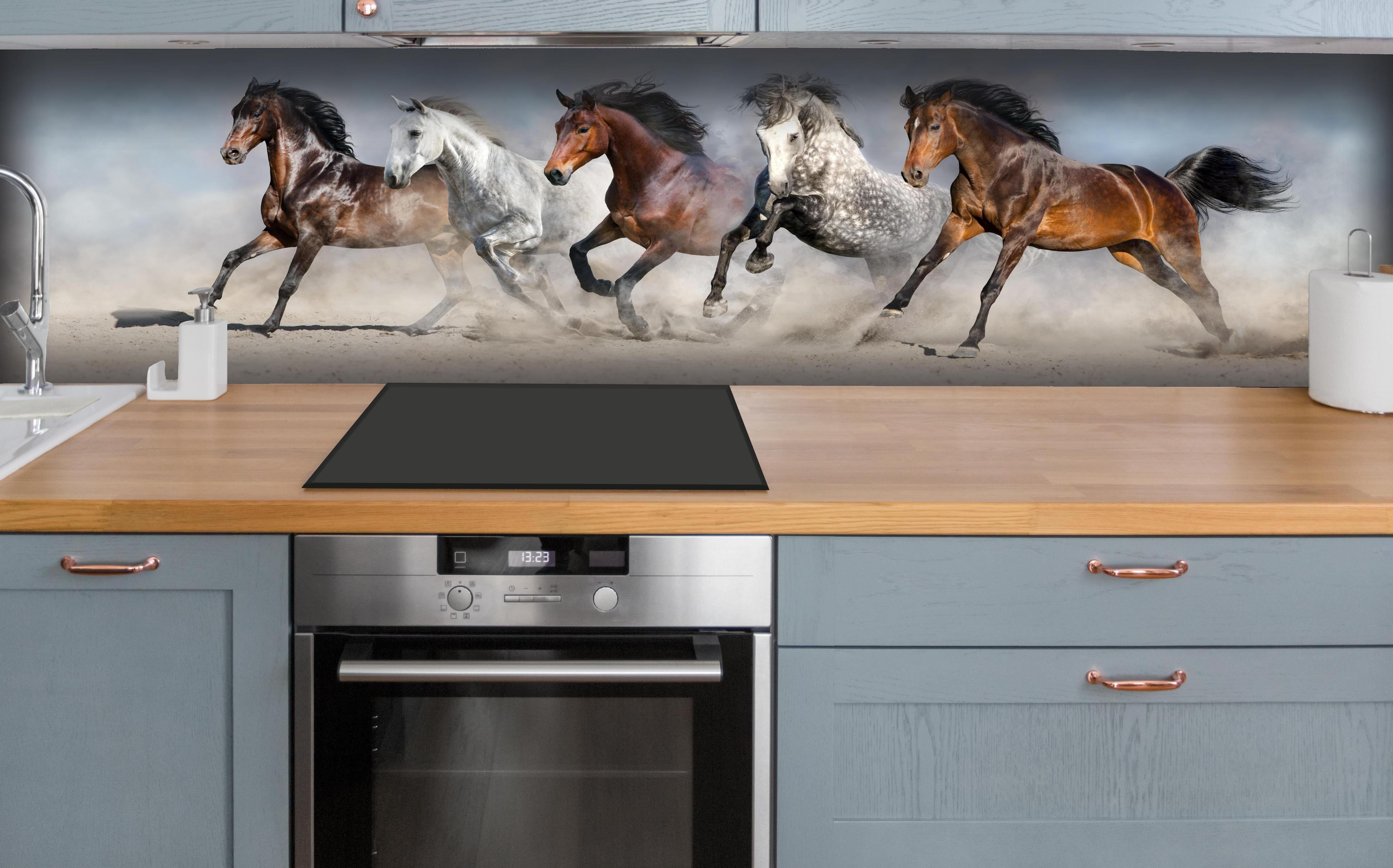 Küche - Vier Pferde rennen Sandwolke Himmel hinter weißen Hochglanz-Küchenregalen und schwarzem Wasserhahn