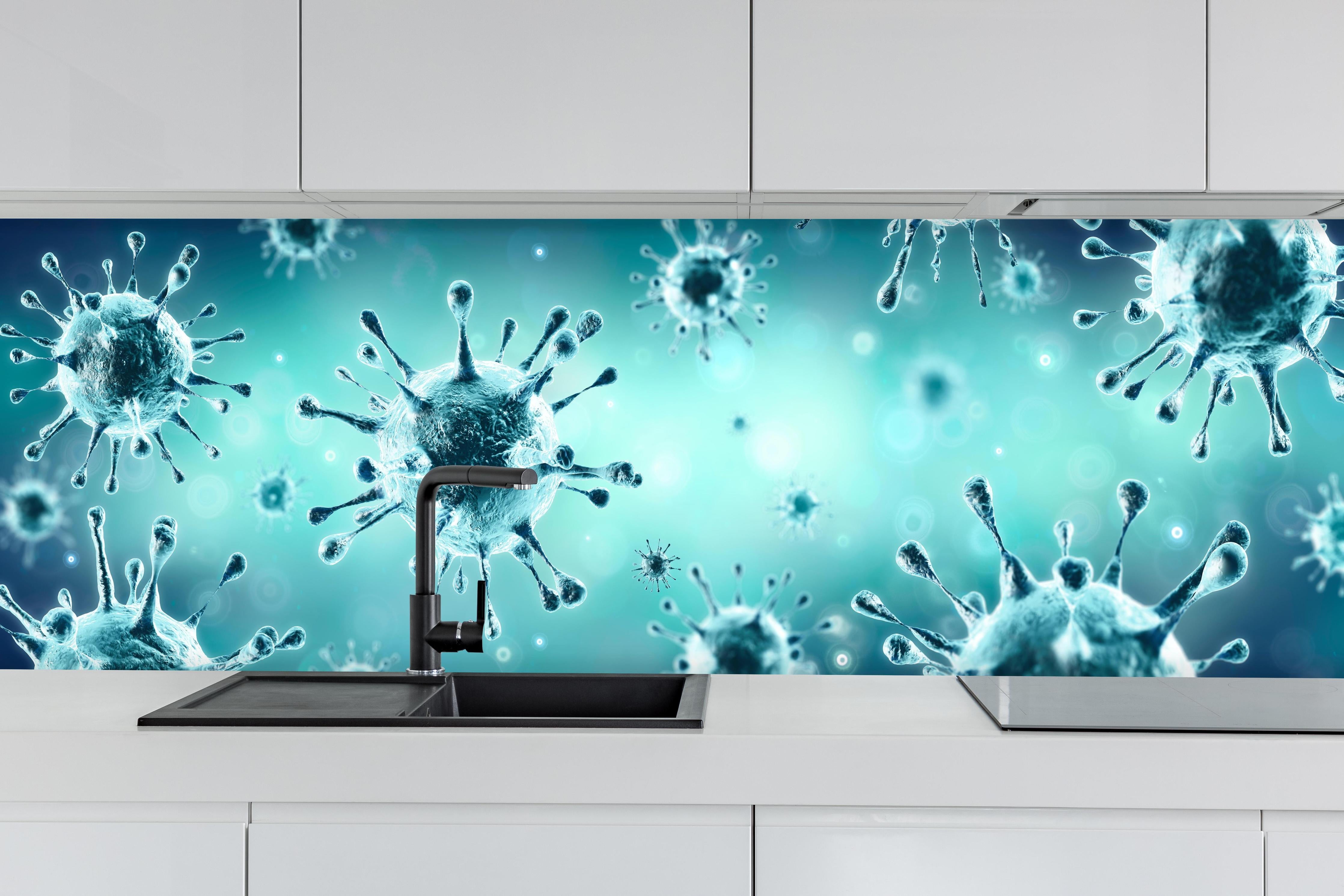 Küche - Virologie - Corona Virus hinter weißen Hochglanz-Küchenregalen und schwarzem Wasserhahn