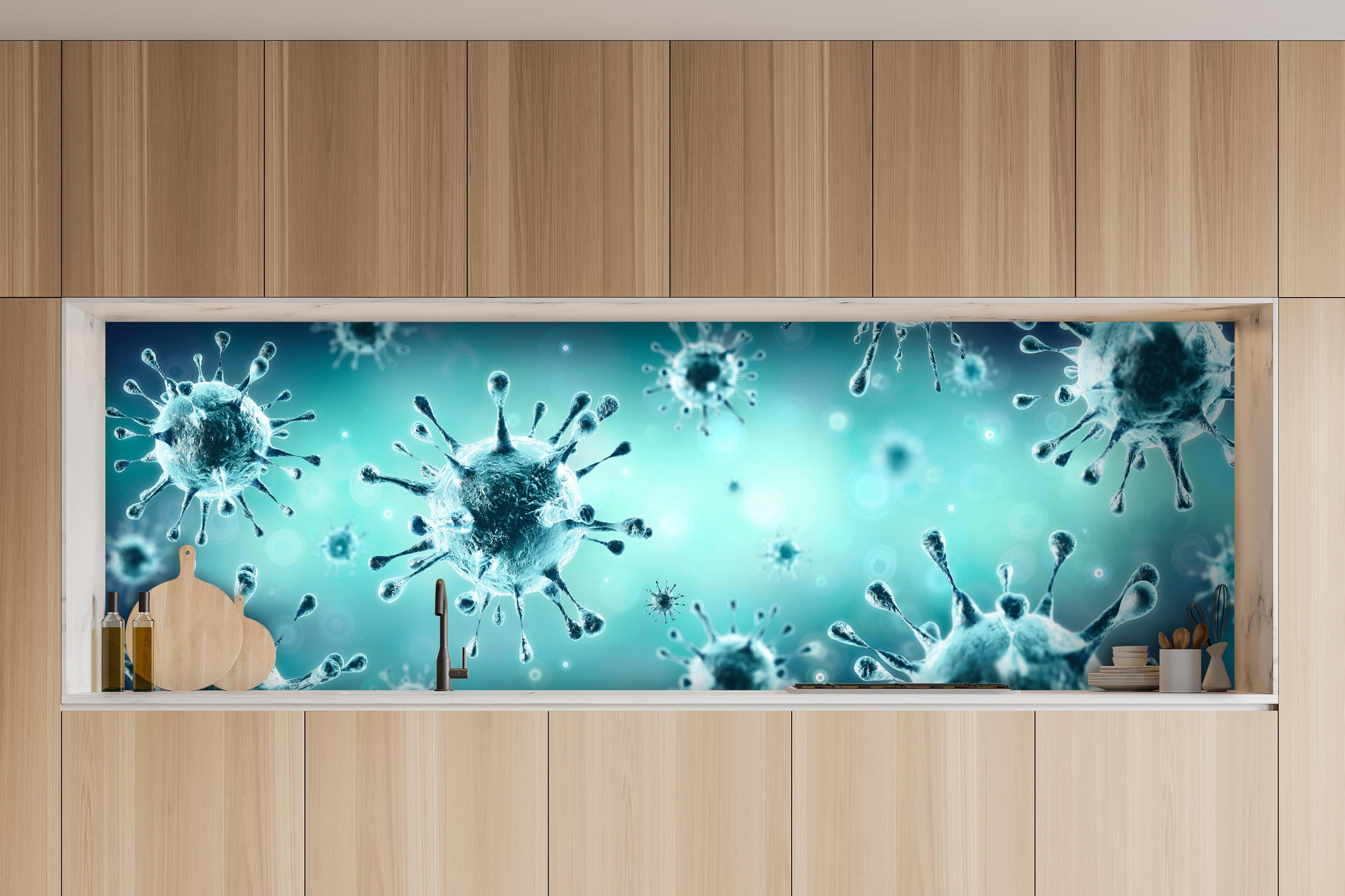 Küche - Virologie - Corona Virus hinter weißen Hochglanz-Küchenregalen und schwarzem Wasserhahn
