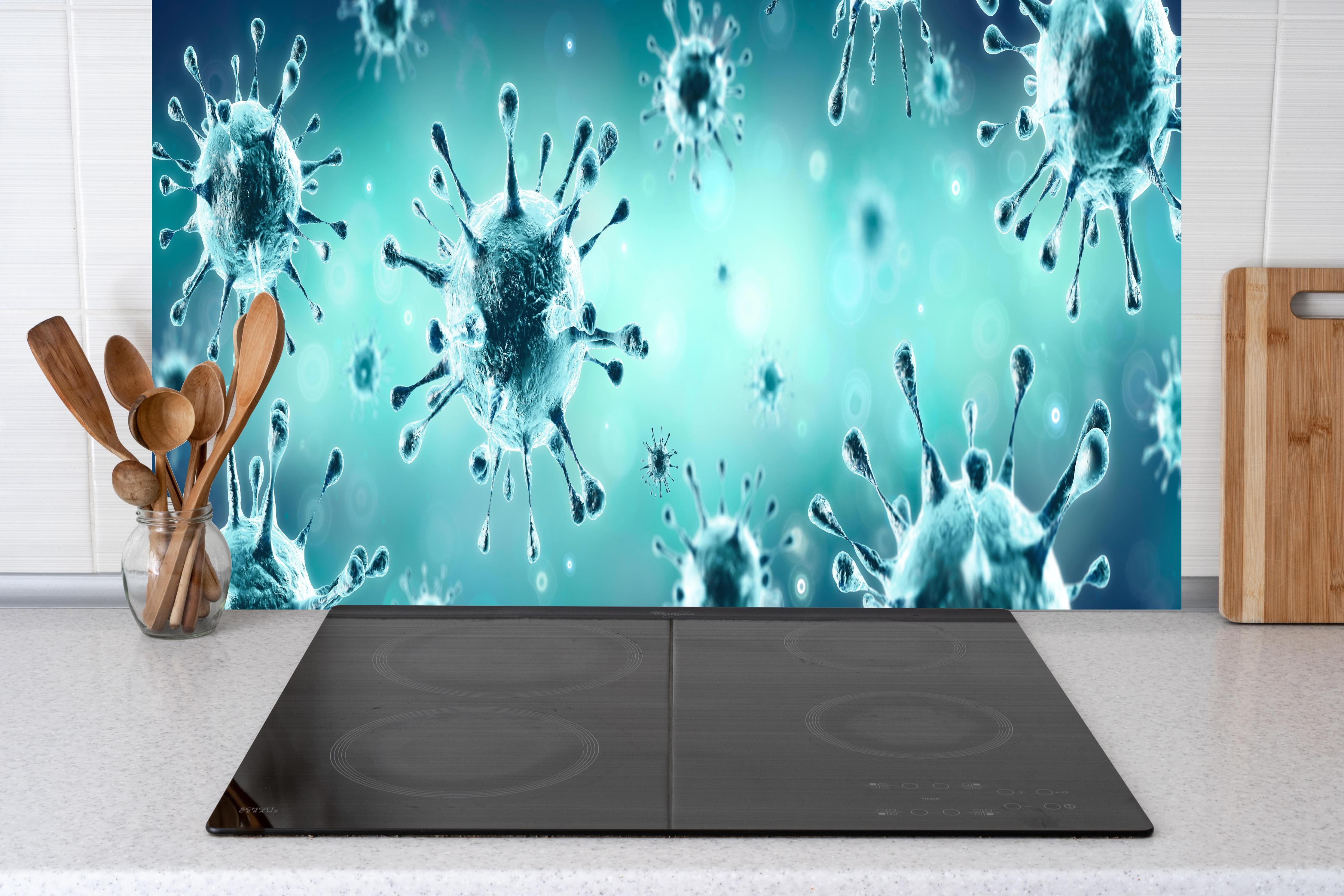 Küche - Virologie - Corona Virus hinter weißen Hochglanz-Küchenregalen und schwarzem Wasserhahn