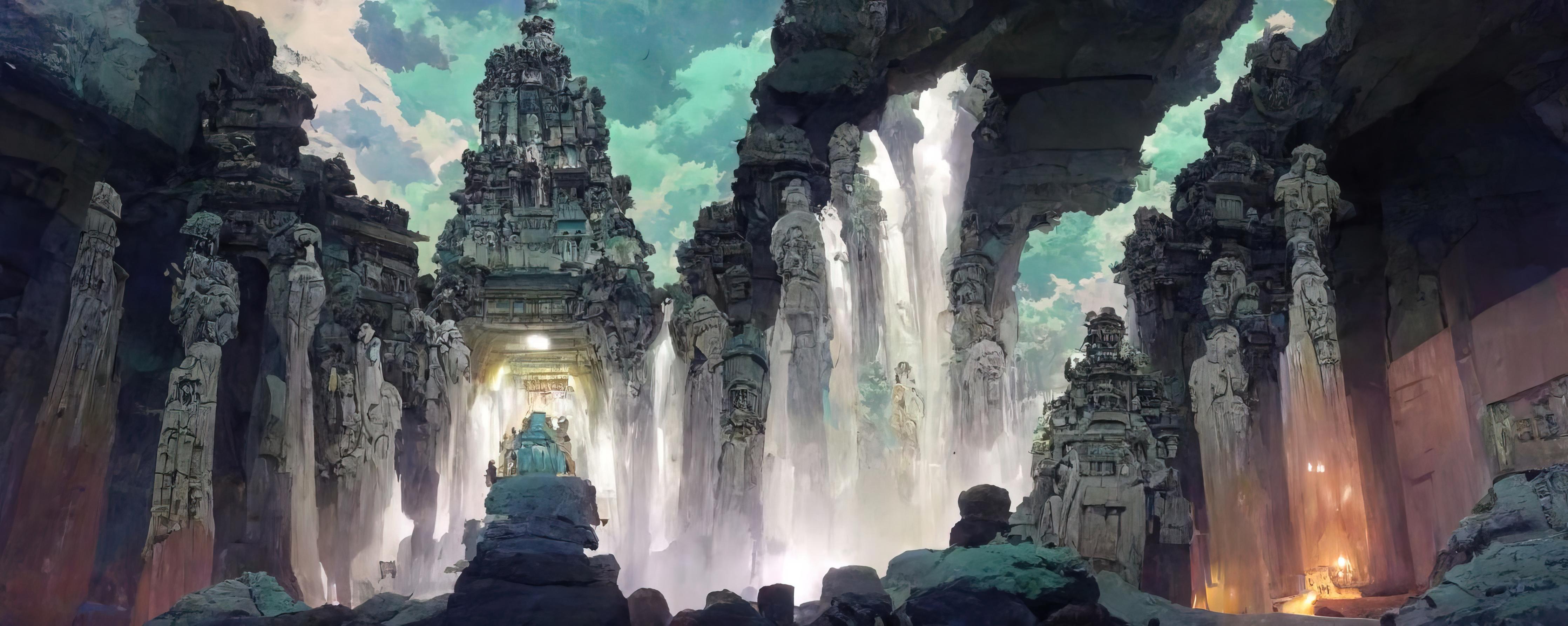 Küchenrückwand-Wasserfall in einer Höhle - Zeichnung