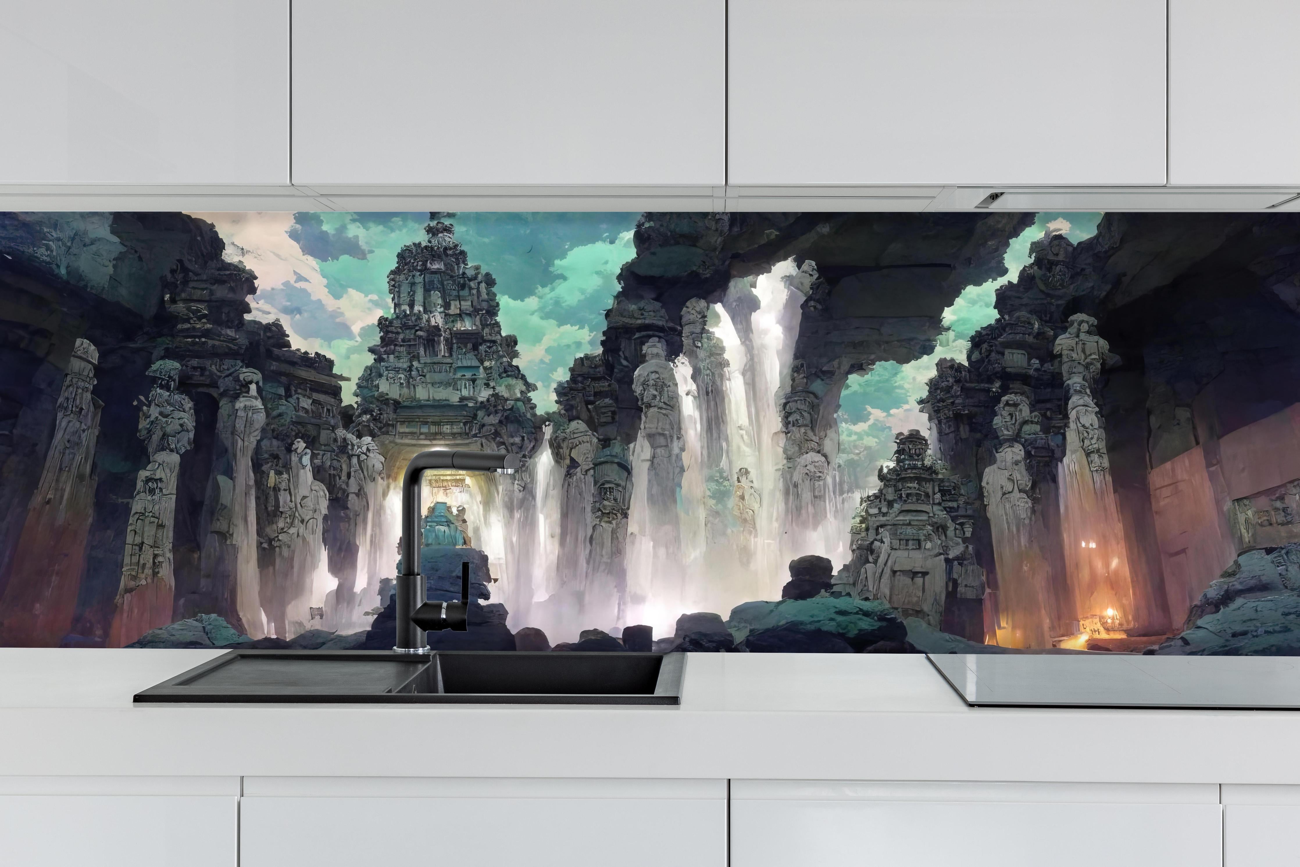 Küche - Wasserfall in einer Höhle - Zeichnung hinter weißen Hochglanz-Küchenregalen und schwarzem Wasserhahn
