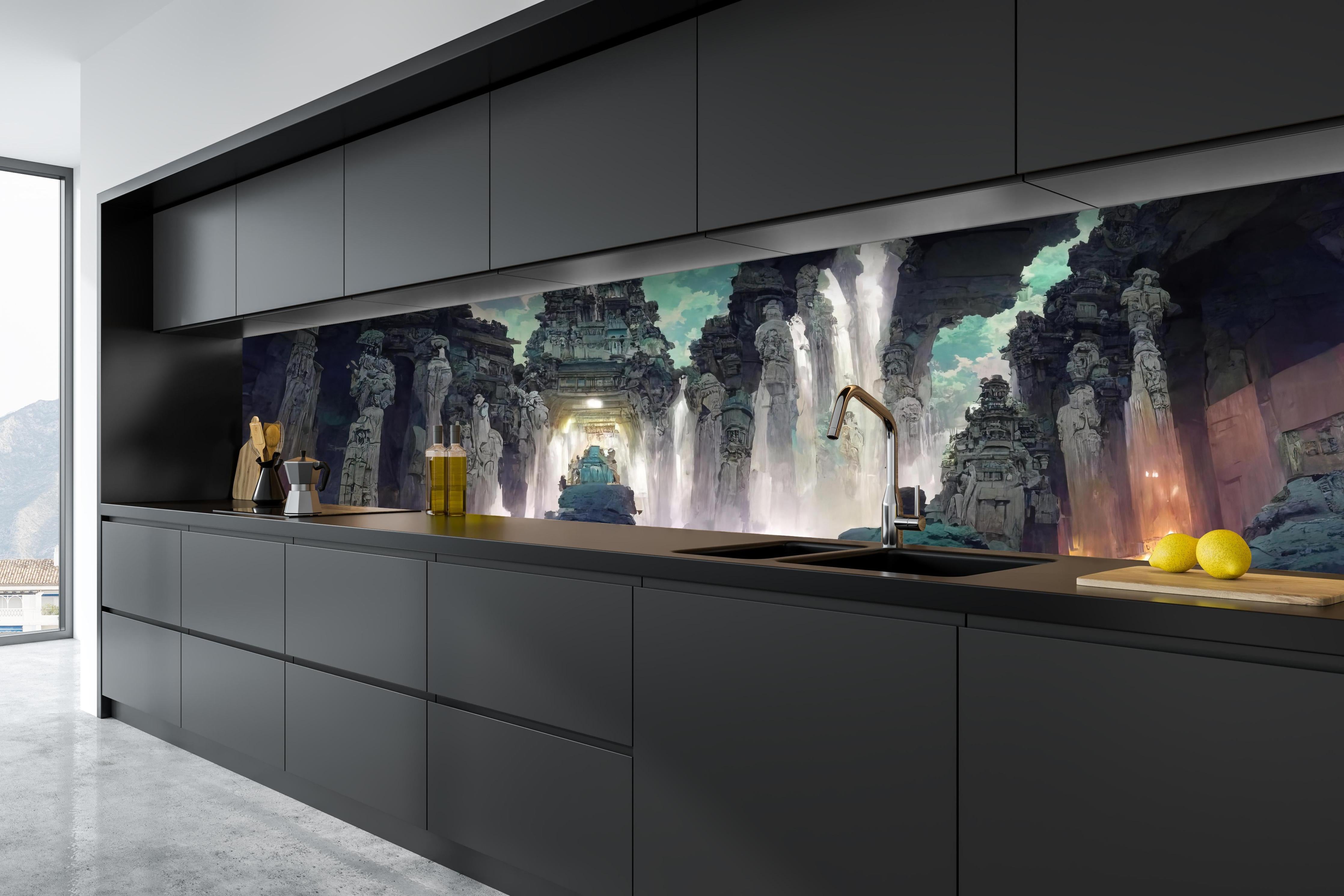 Küche - Wasserfall in einer Höhle - Zeichnung hinter weißen Hochglanz-Küchenregalen und schwarzem Wasserhahn