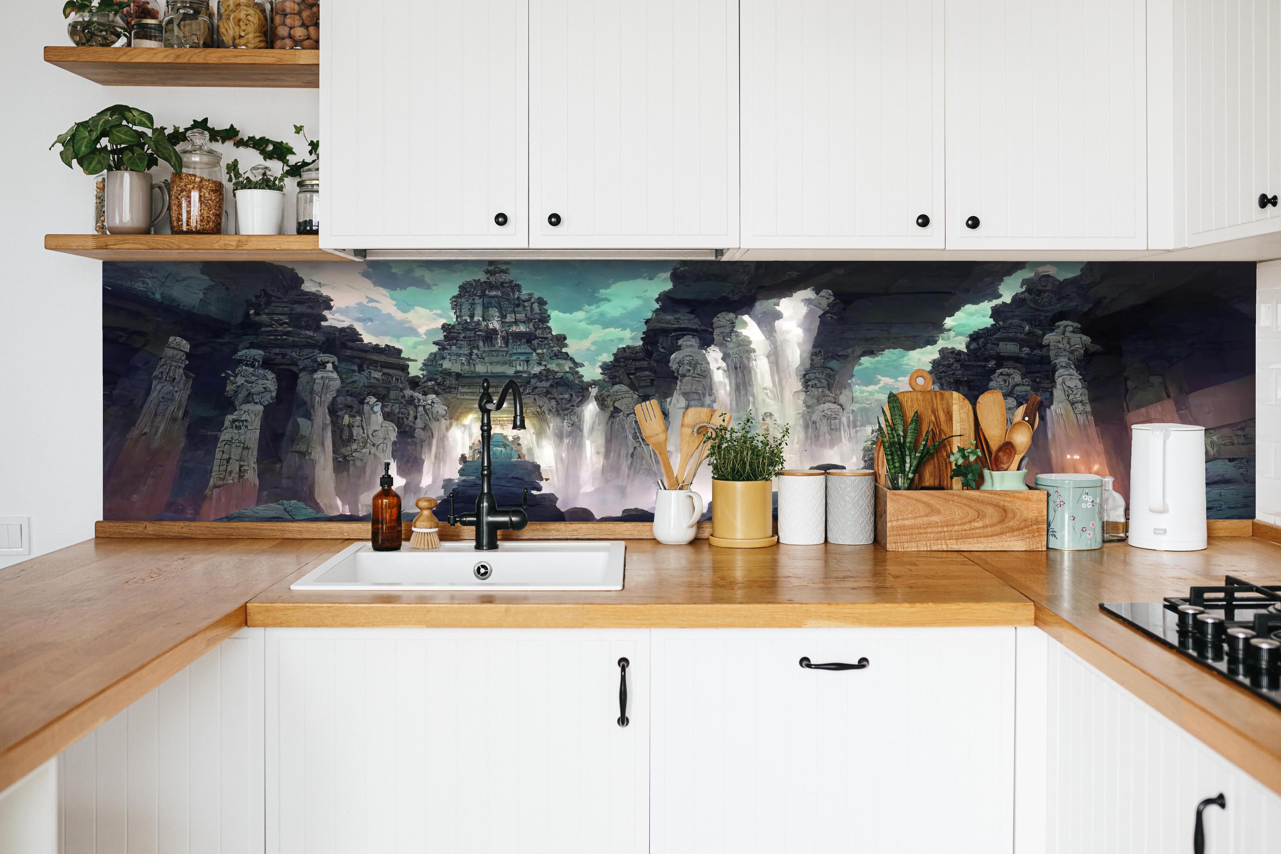 Küche - Wasserfall in einer Höhle - Zeichnung hinter weißen Hochglanz-Küchenregalen und schwarzem Wasserhahn