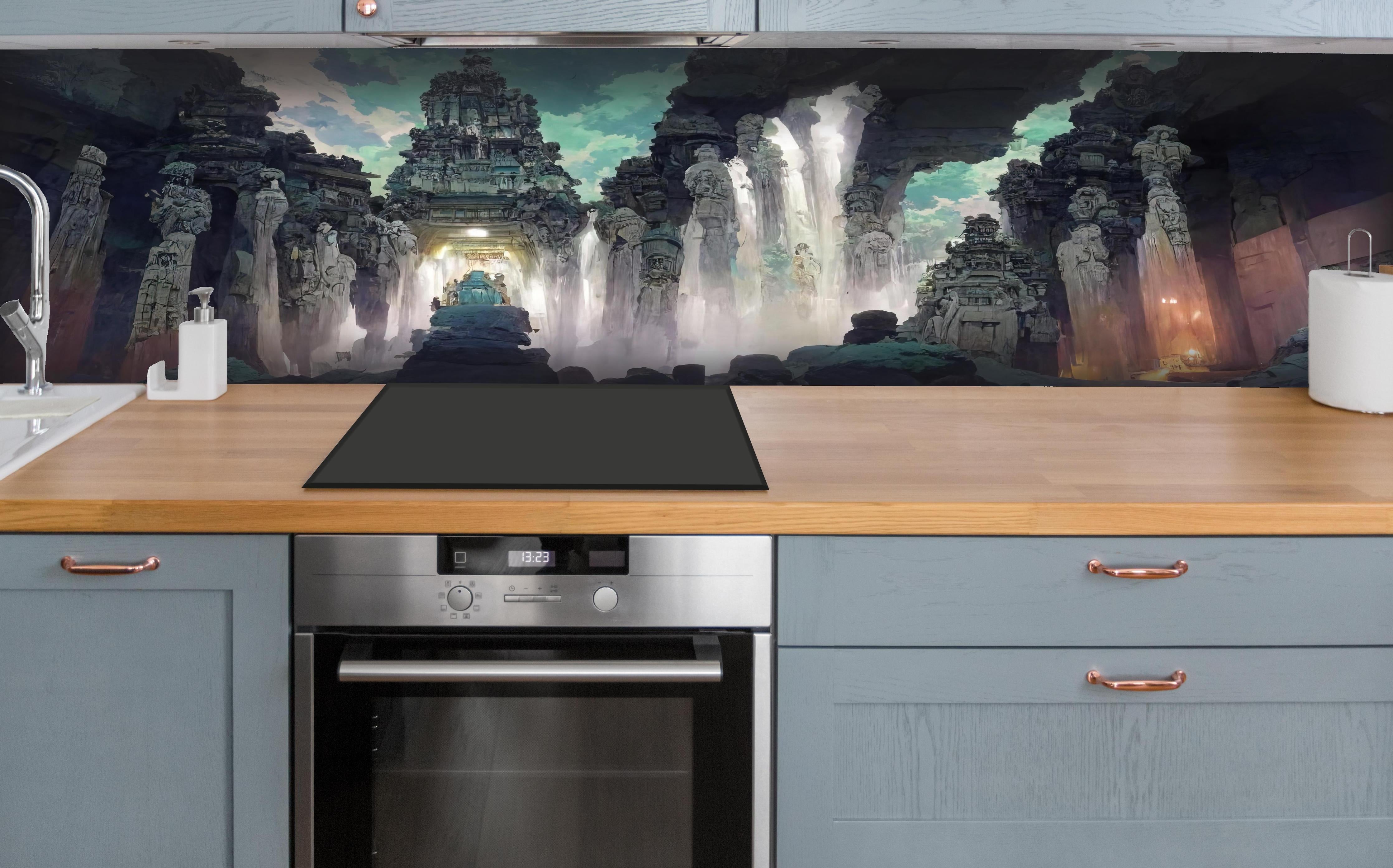 Küche - Wasserfall in einer Höhle - Zeichnung hinter weißen Hochglanz-Küchenregalen und schwarzem Wasserhahn