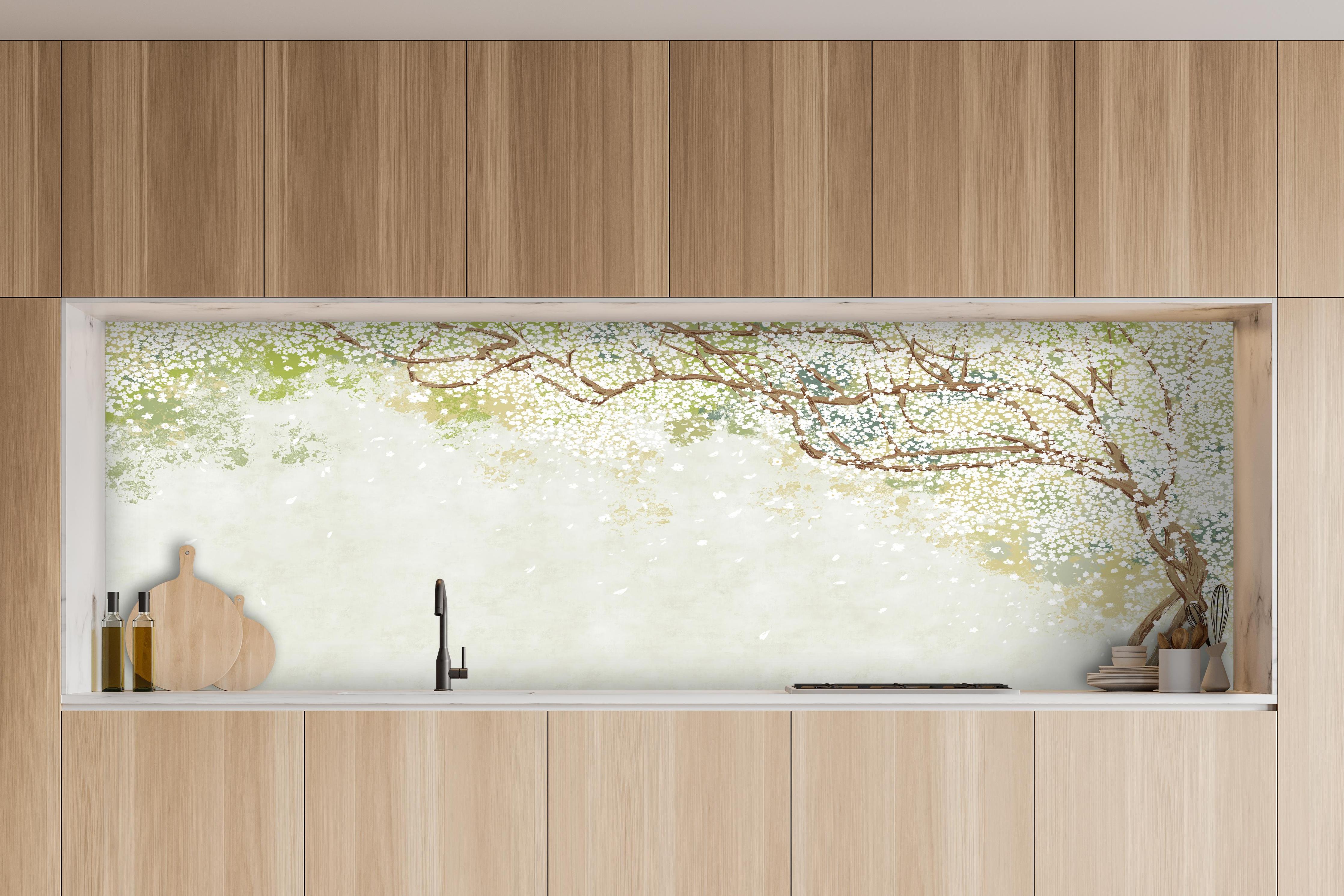 Küche - Weiße Sakura Blätter - Vintage hinter weißen Hochglanz-Küchenregalen und schwarzem Wasserhahn