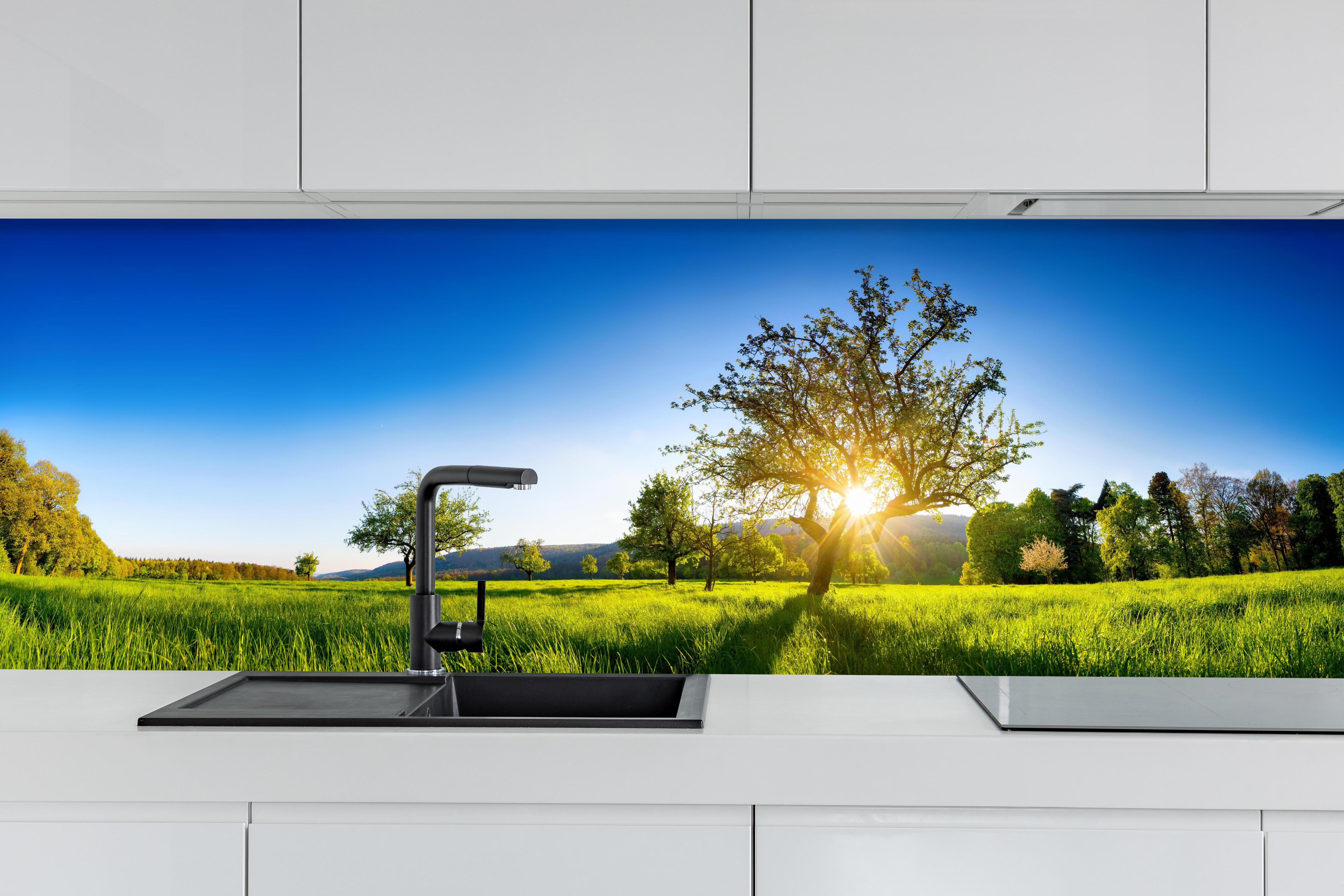 Küche - Weite Landschaft unter klarem blauem Himmel hinter weißen Hochglanz-Küchenregalen und schwarzem Wasserhahn