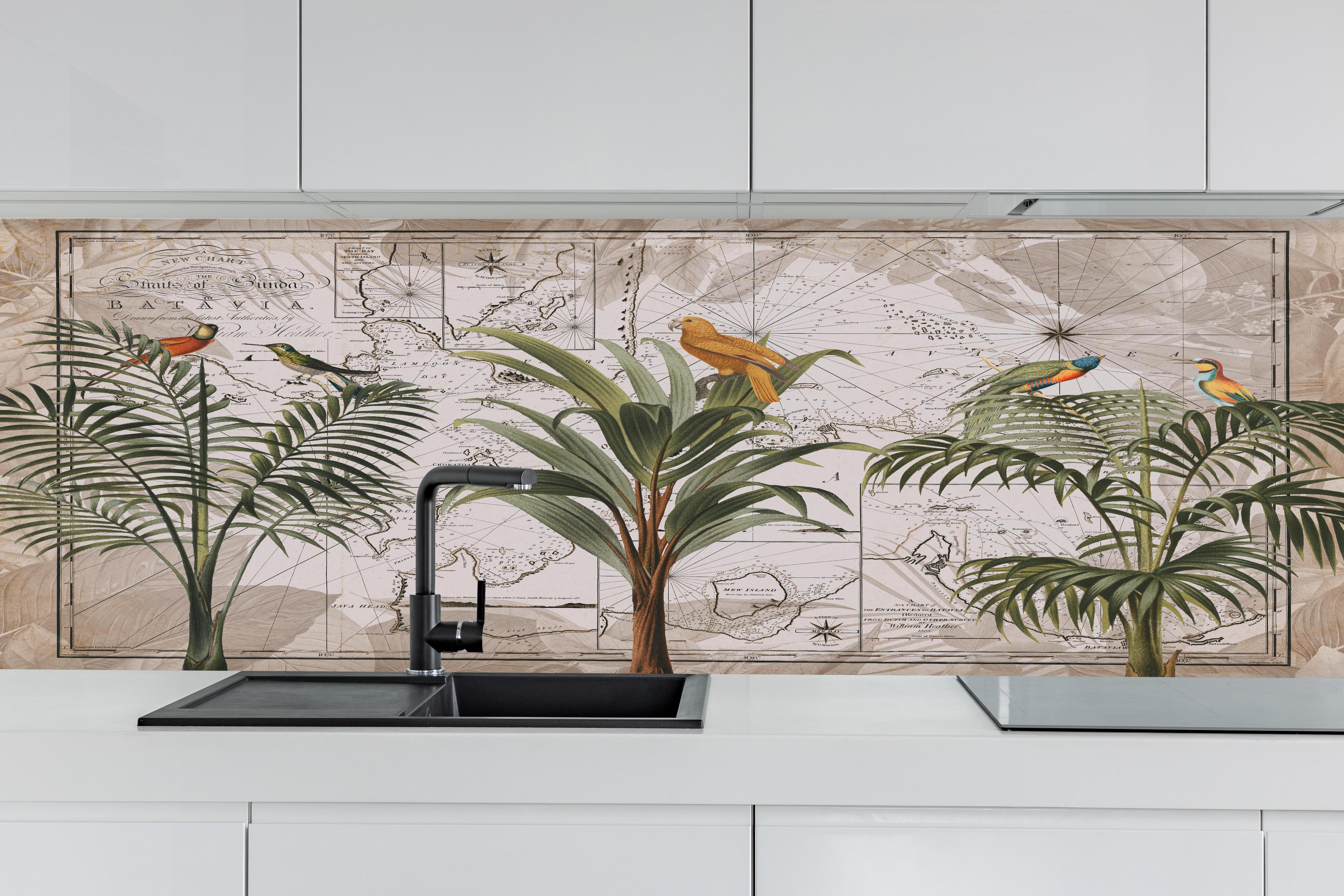 Küche - Weltkarte - Indonesien hinter weißen Hochglanz-Küchenregalen und schwarzem Wasserhahn