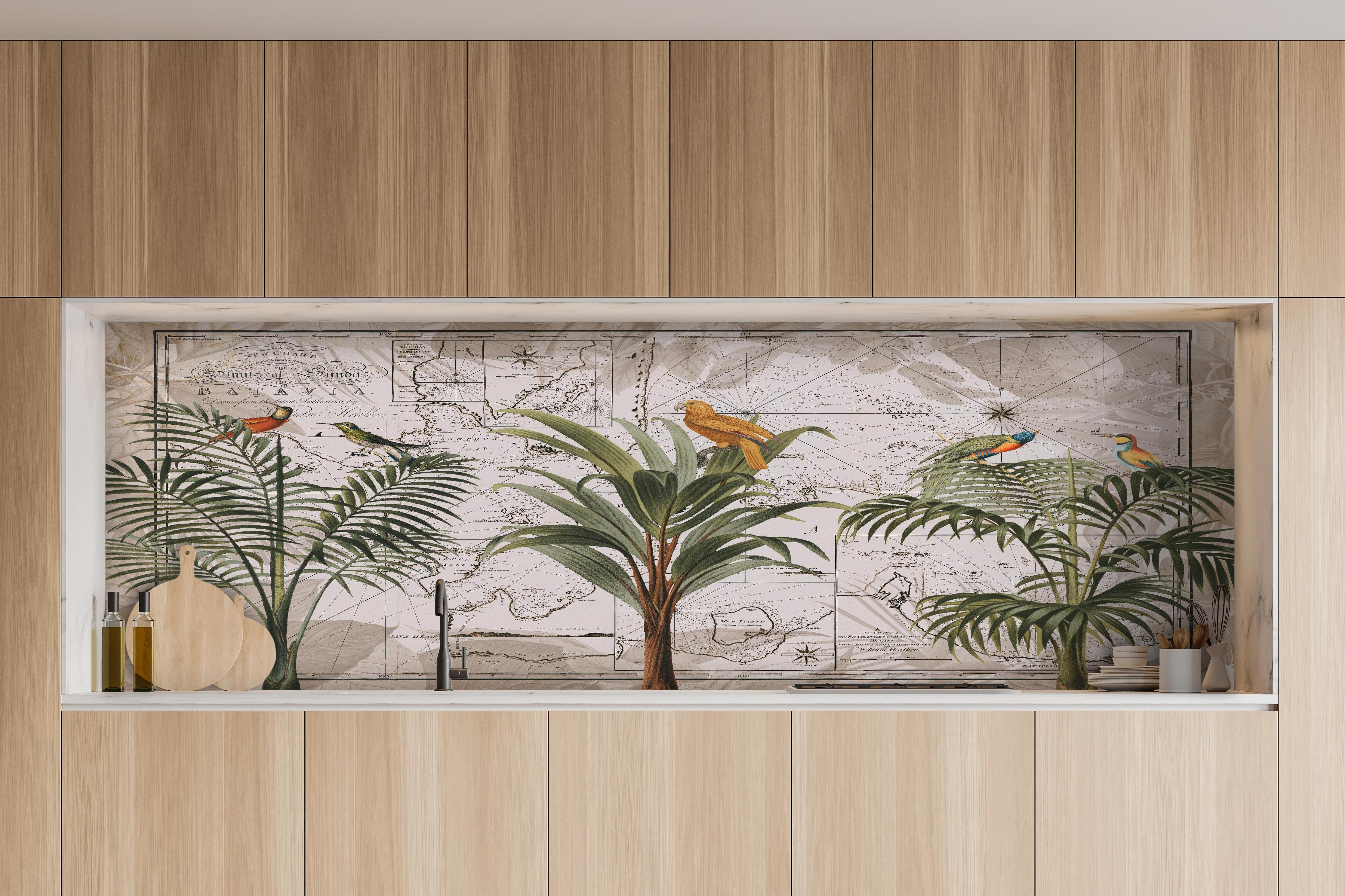 Küche - Weltkarte - Indonesien hinter weißen Hochglanz-Küchenregalen und schwarzem Wasserhahn