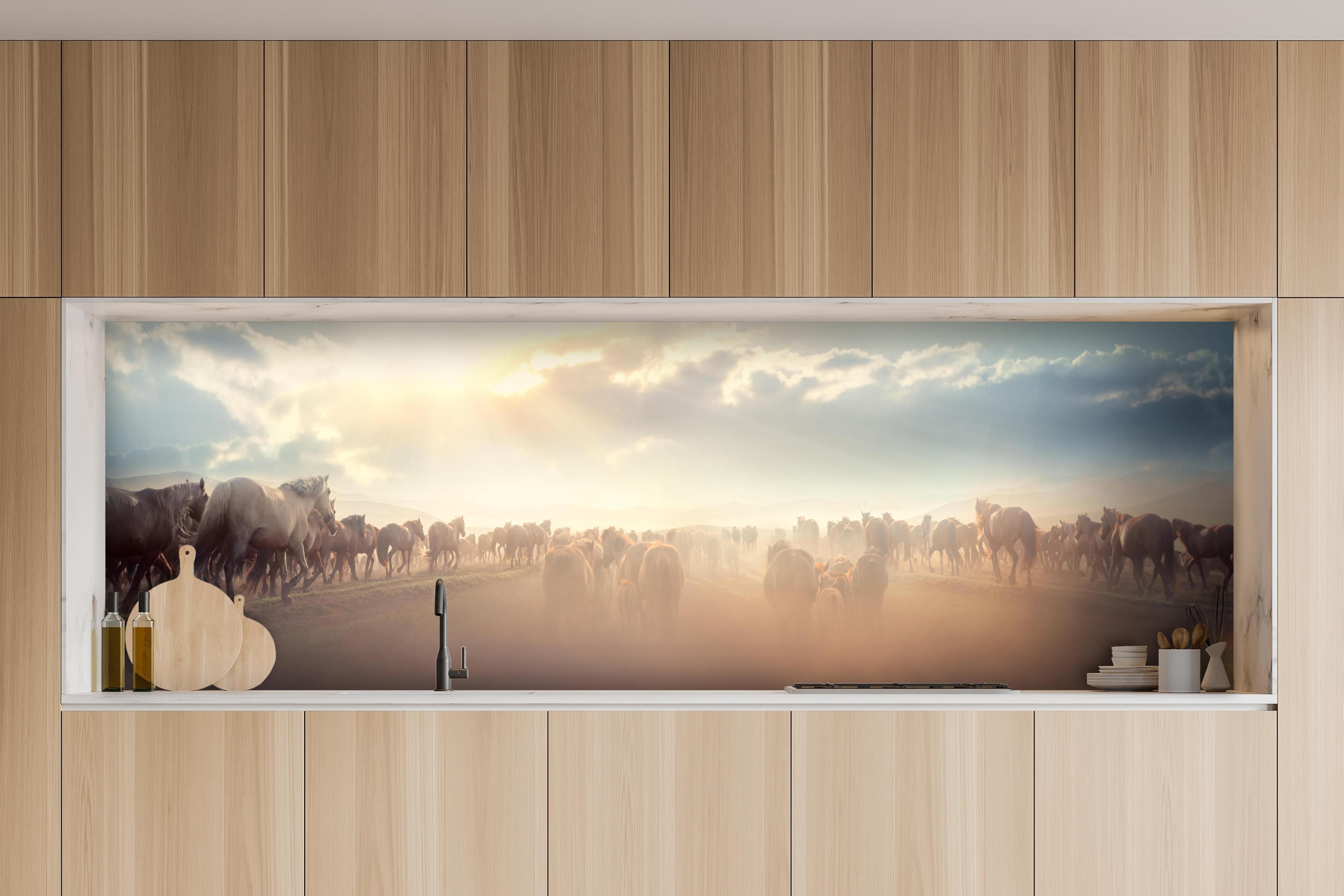 Küche - Wildpferde-Herde begegnet Sonnenuntergangspanorama hinter weißen Hochglanz-Küchenregalen und schwarzem Wasserhahn